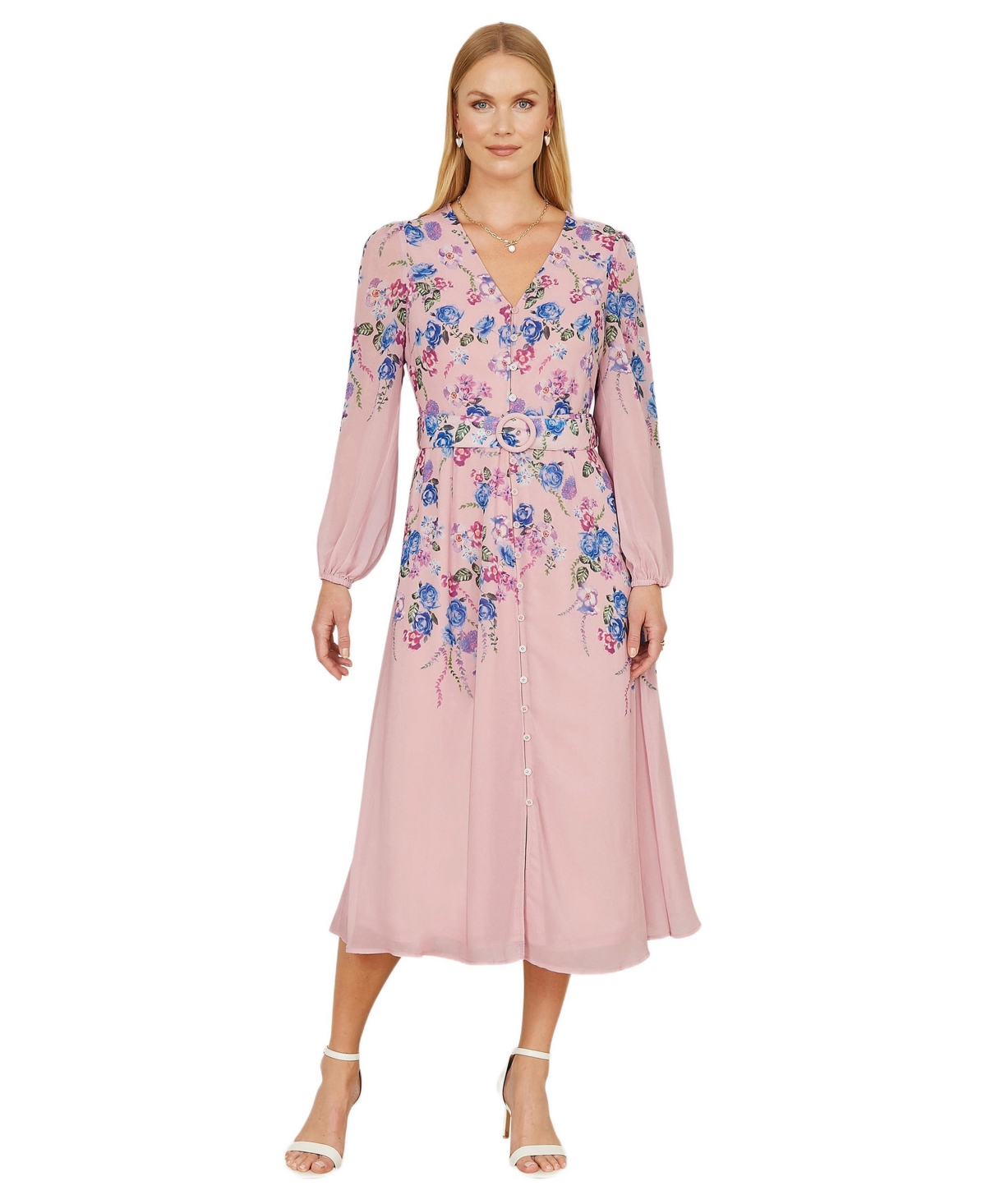 Yumi Women’s Belted Floral Midi Dress – Pink