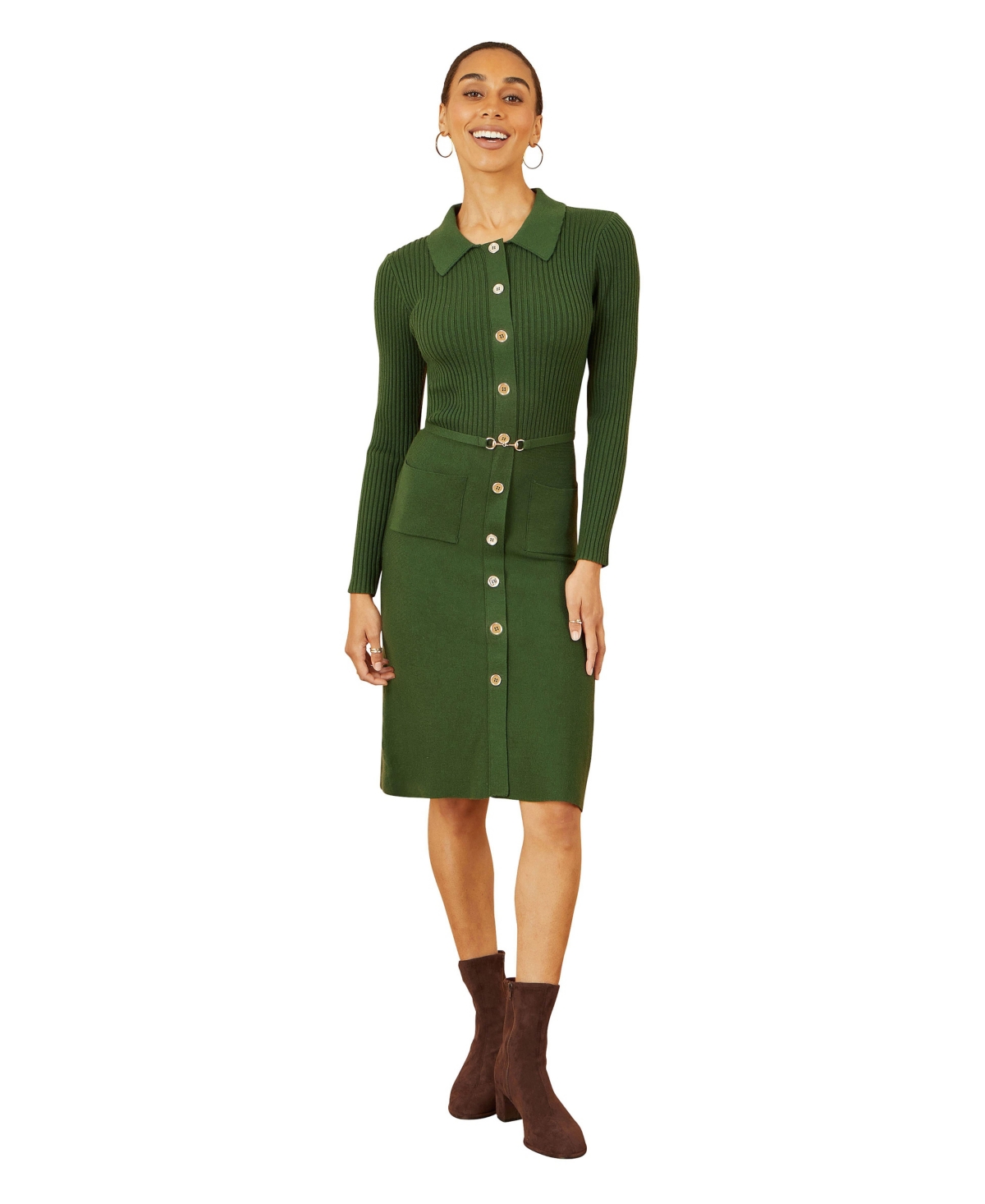 Yumi Women’s Belted Rib Knit Midi Dress With Pockets – Green