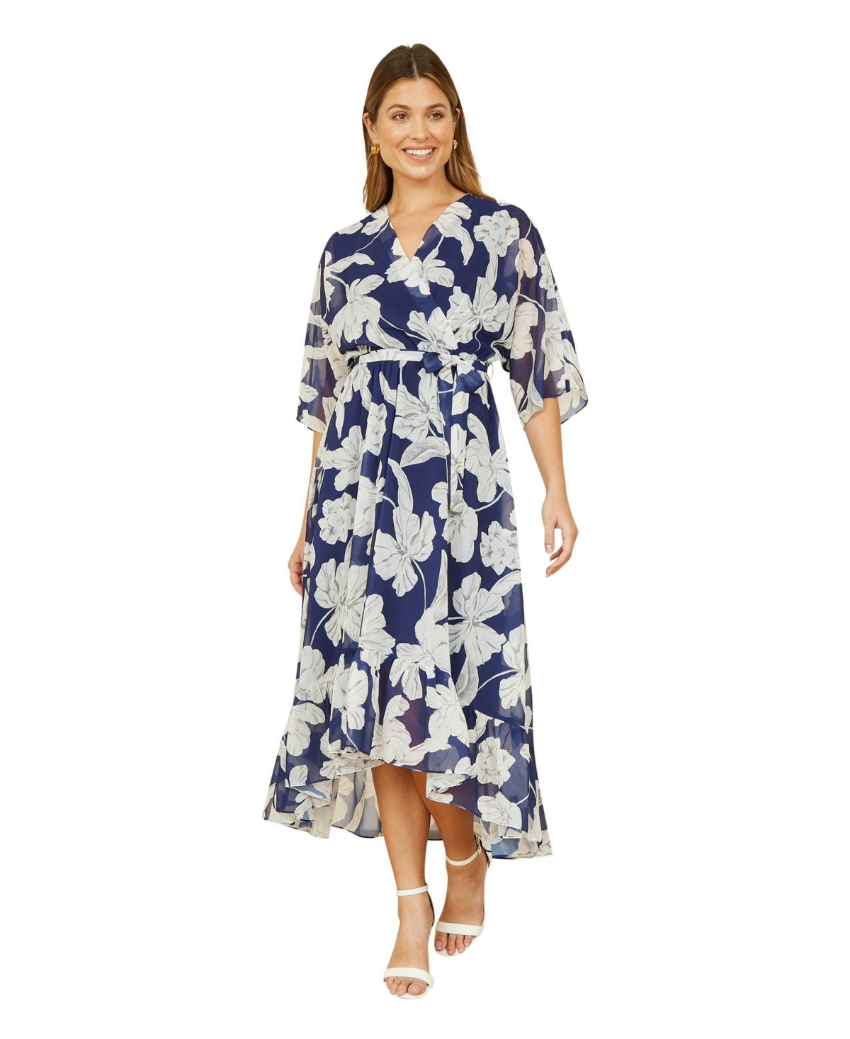 Yumi Women’s Bird And Floral Print Midi Wrap Dress – Navy