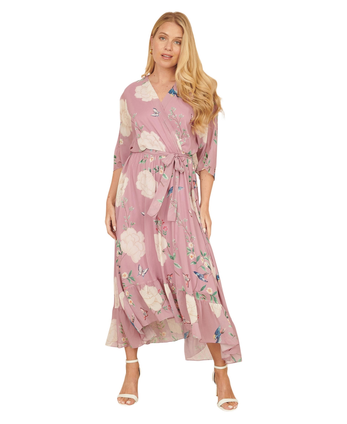 Yumi Women’s Bird And Floral Print Midi Wrap Dress – Pink