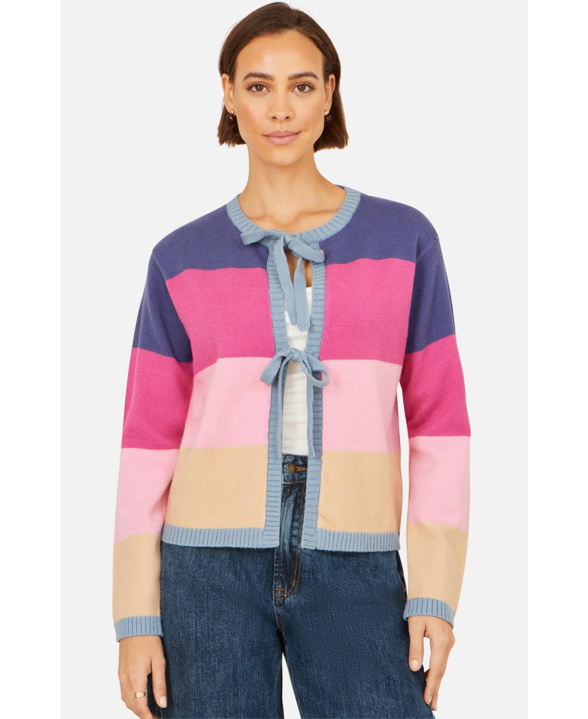 Yumi Women’s Block Stripe Tie Front Cardigan – Multi Yumi Women’s Block Stripe Tie Front Cardigan – Multi