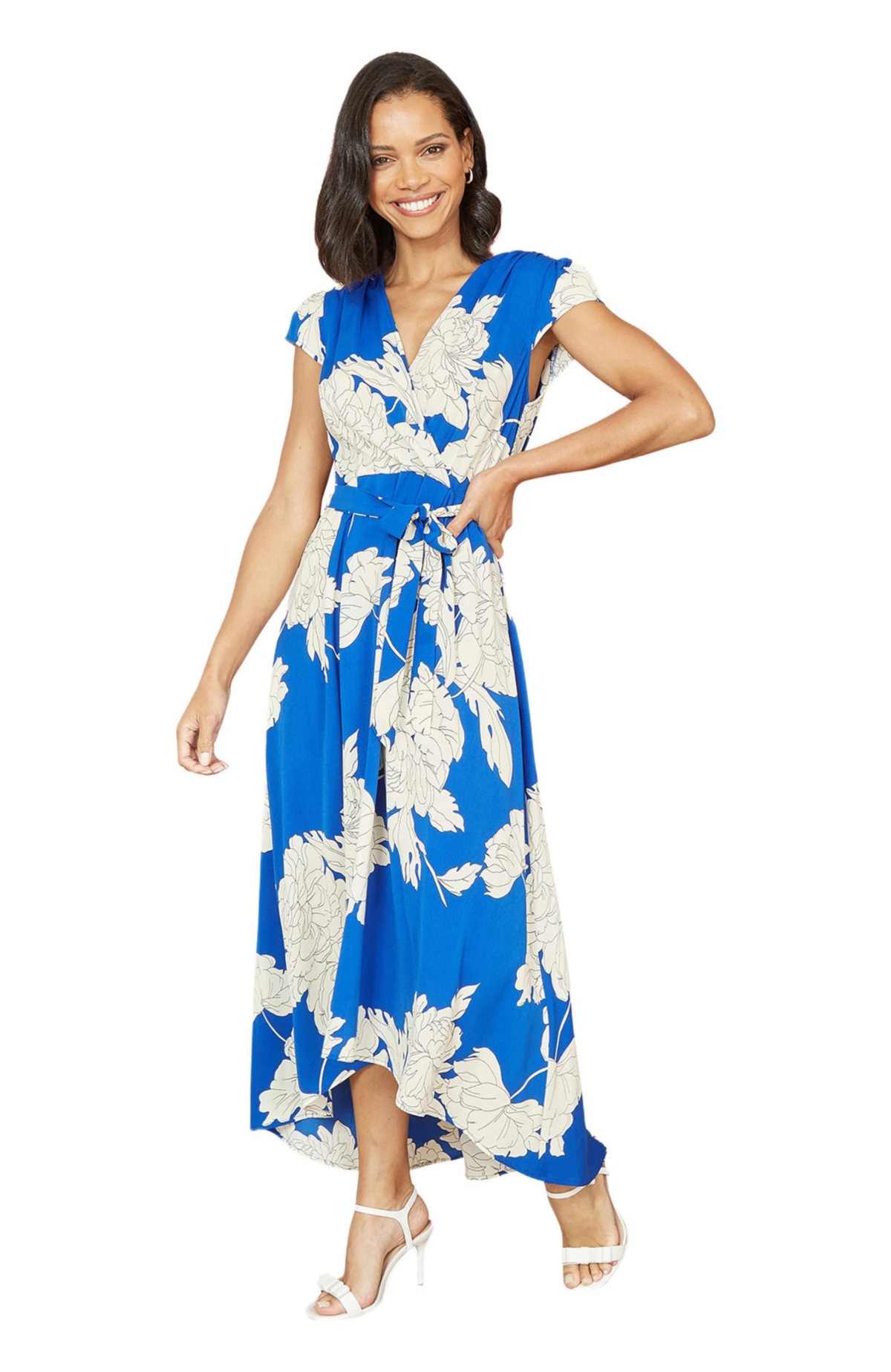 Yumi Women’s Blossom Print Dipped Hem Wrap Midi Dress – Blue