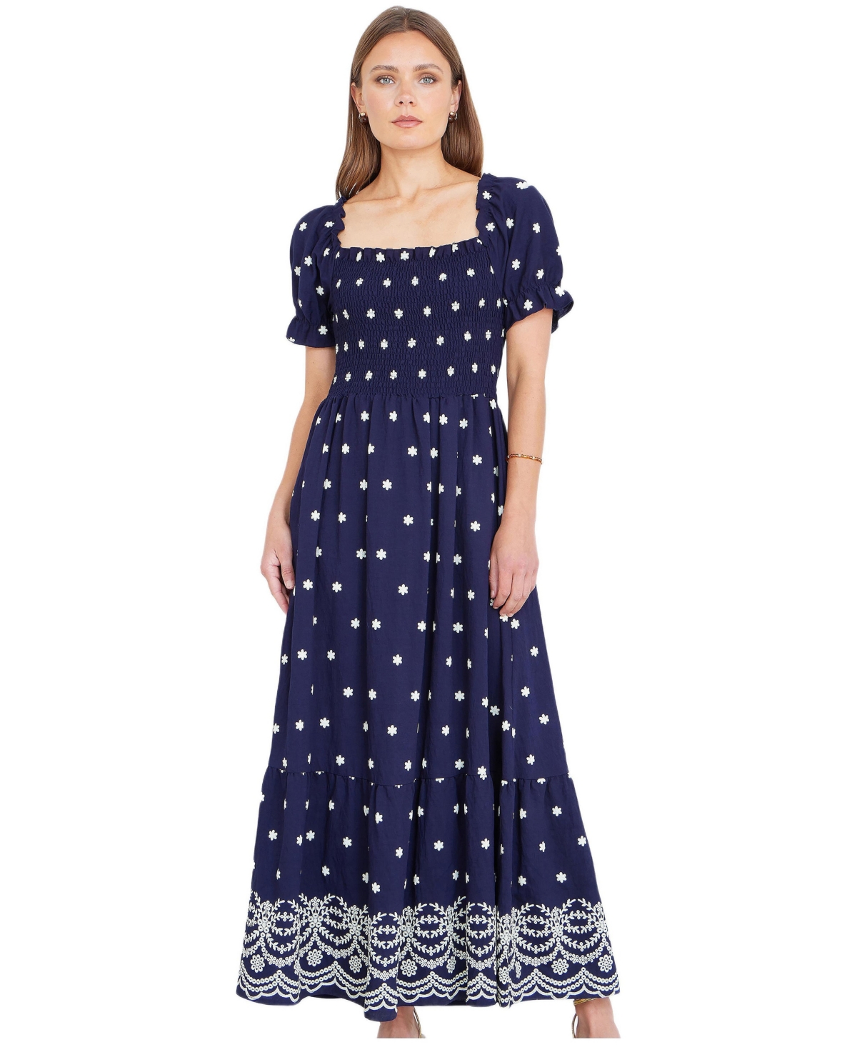 Yumi Women’s Border Hemline Smocked Maxi Dress – Navy