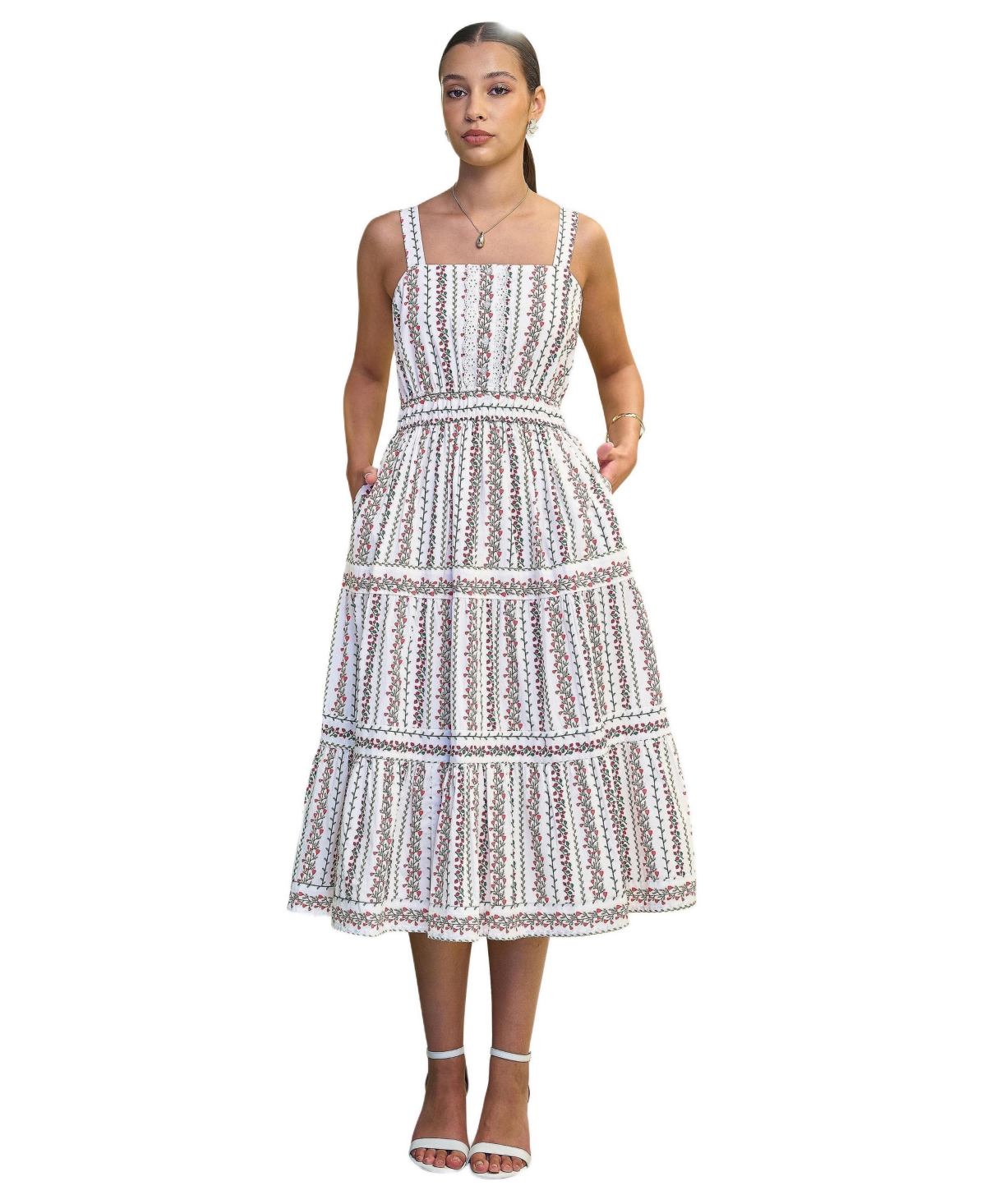 Yumi Women’s Botanical Stripe Lace Trim Midi Dress – White