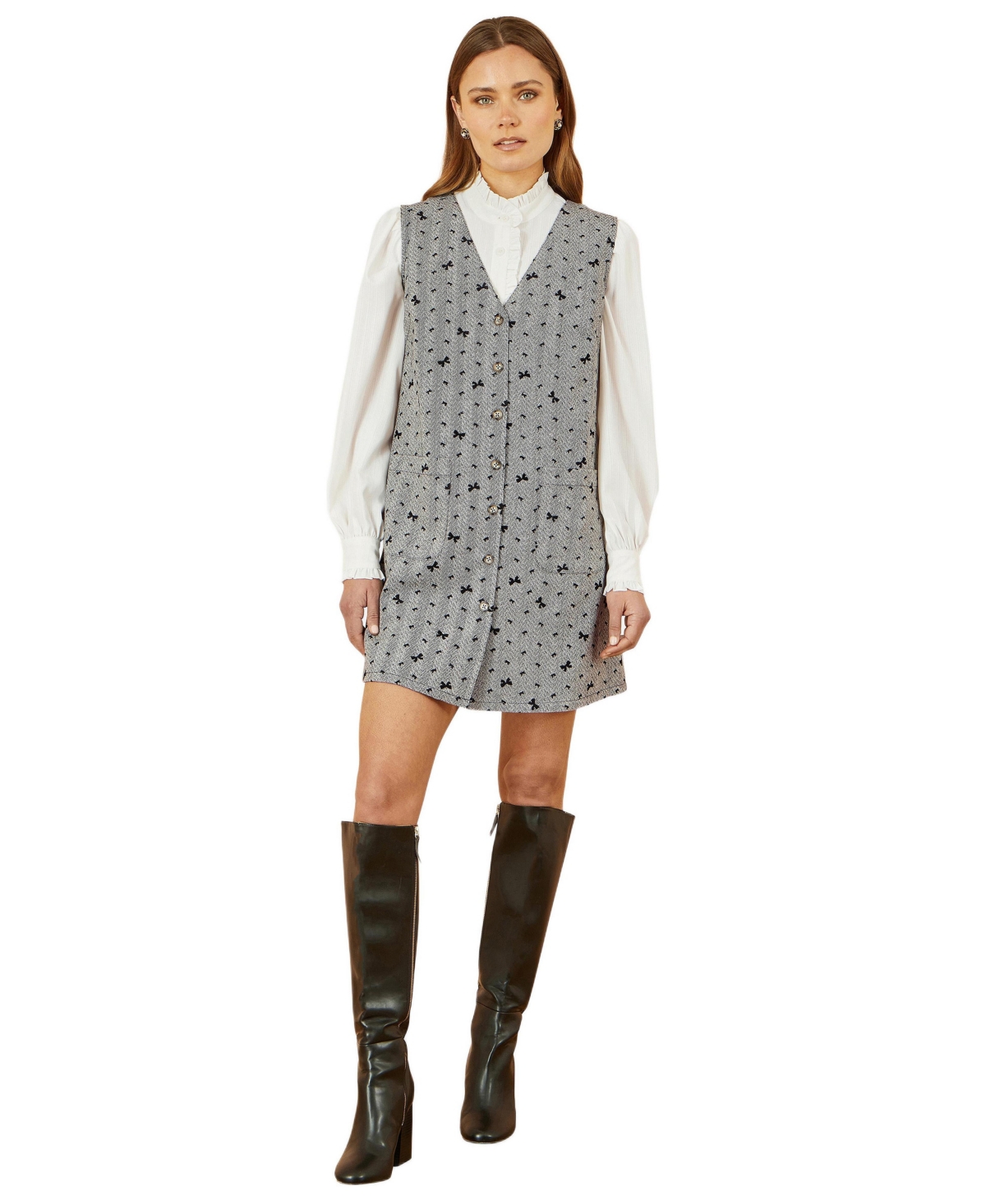 Yumi Women’s Bow Print Button Up Pinafore Dress – Grey Yumi Women’s Bow Print Button Up Pinafore Dress – Grey