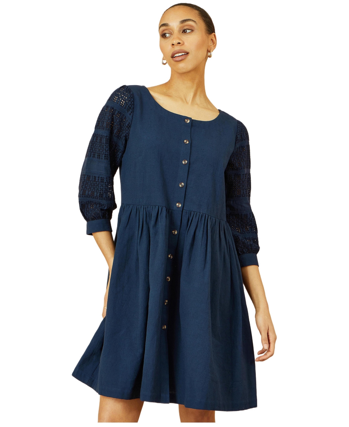 Yumi Women’s Broderie Anglaise Puff Sleeve Dress – Navy