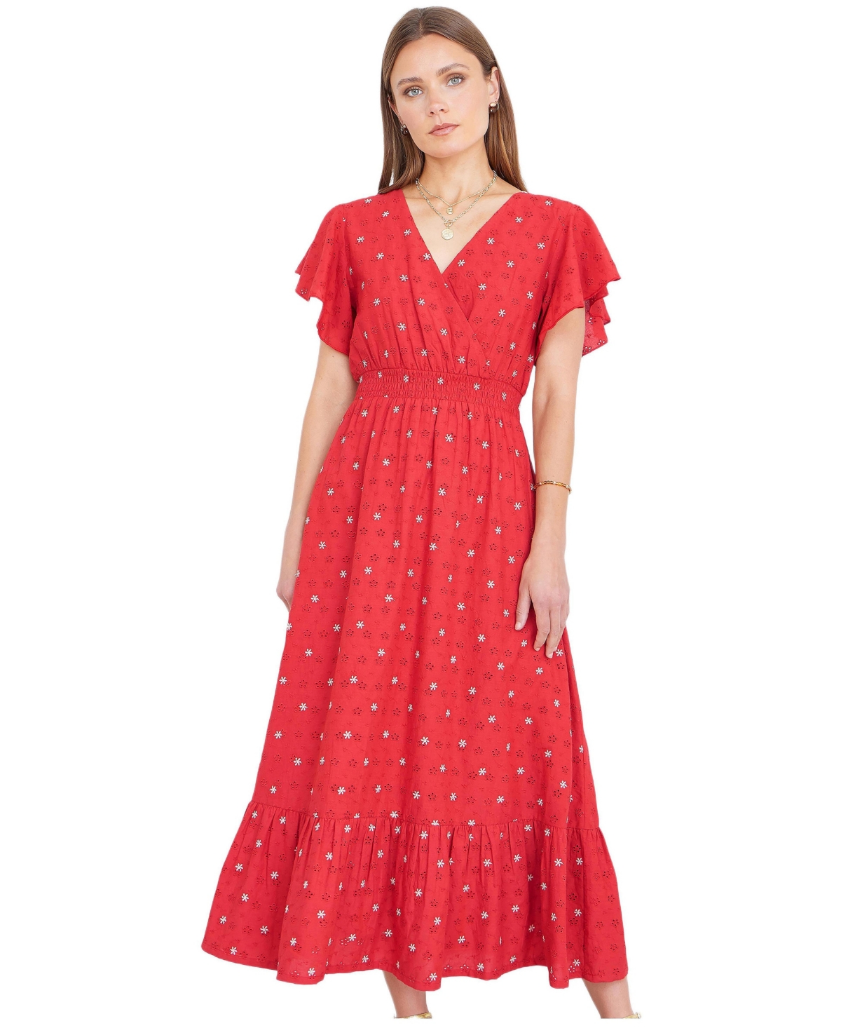 Yumi Women’s Broderie Anglaise Wrap Midi Dress – Red