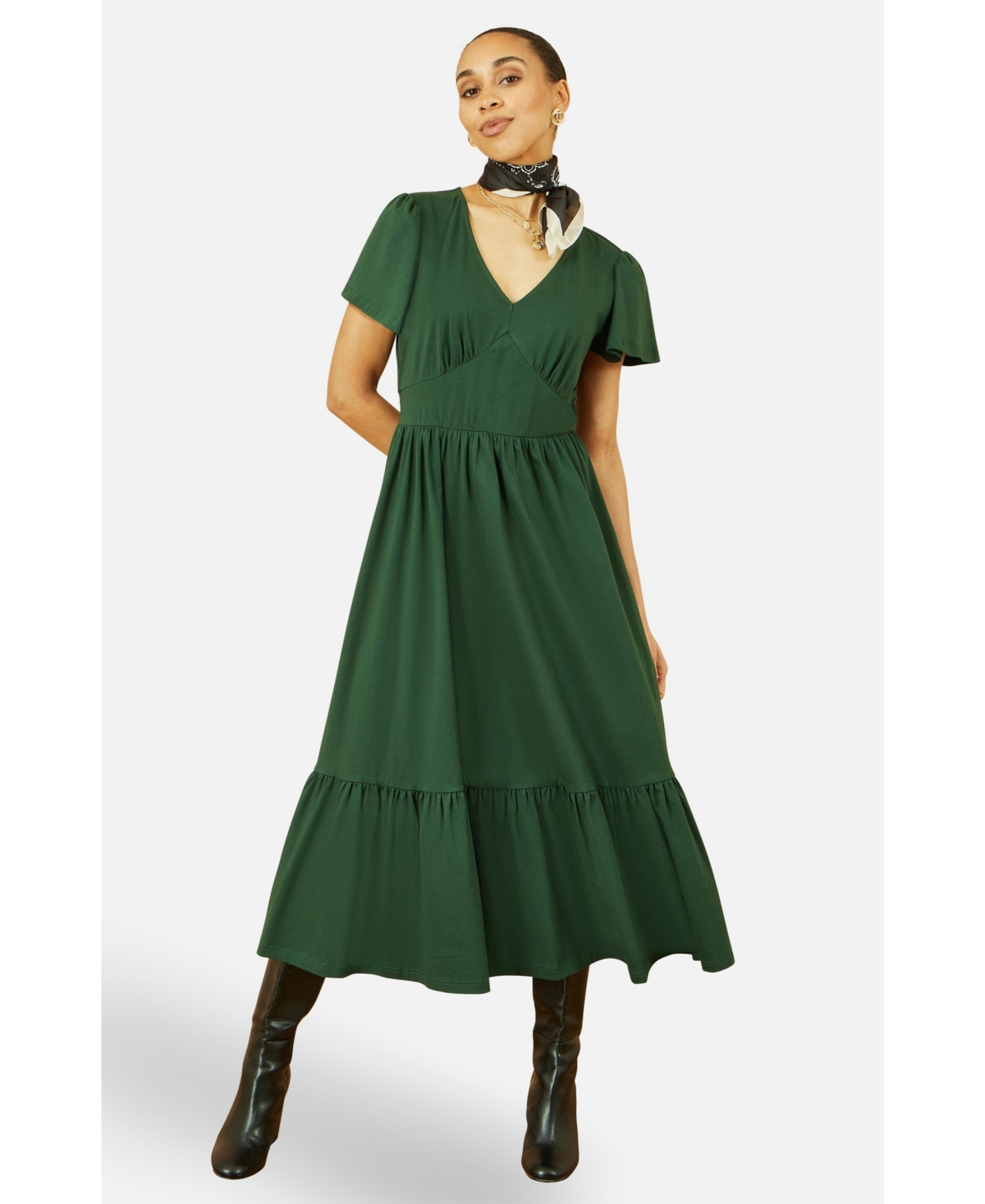 Yumi Women’s Butterfly Print Dip Hem Midi Wrap Dress – Green