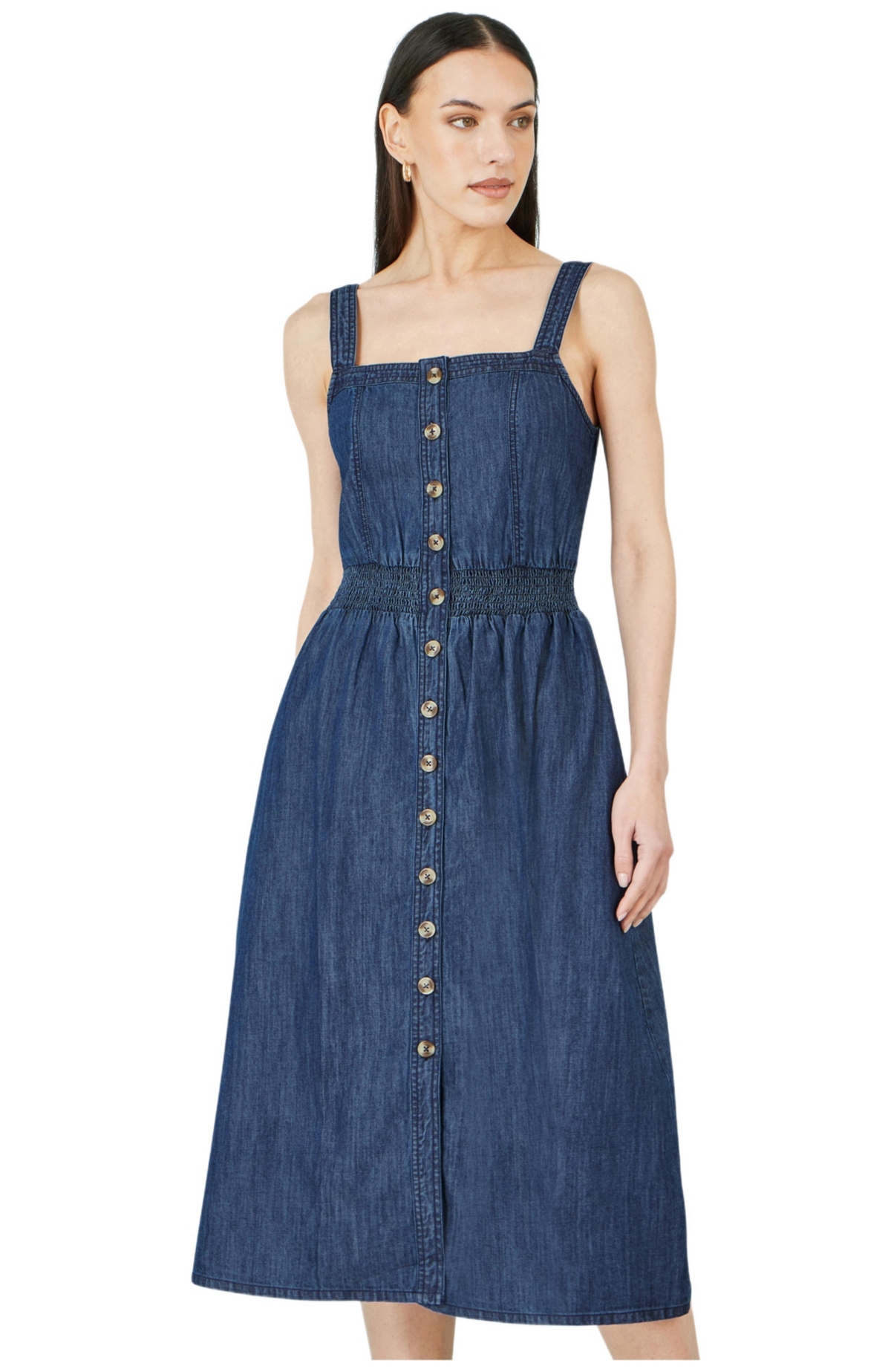 Yumi Women’s Chambray Cotton Ruched Midi Sun Dress – Blue Yumi Women’s Chambray Cotton Ruched Midi Sun Dress – Blue
