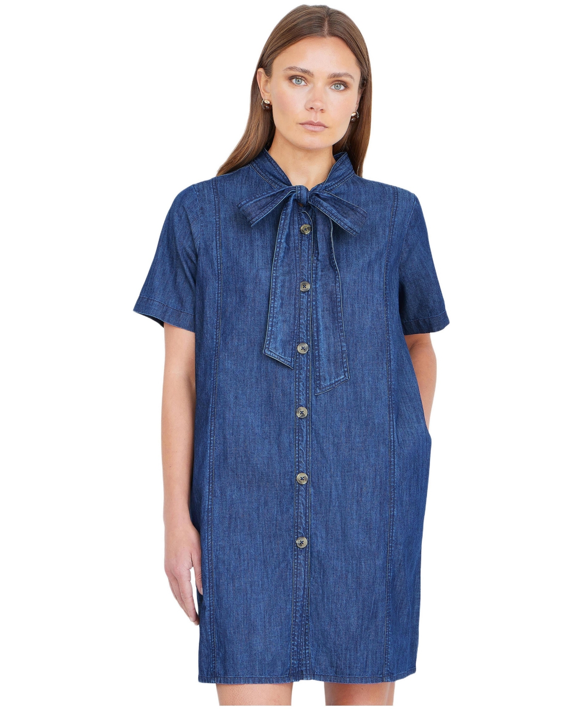 Yumi Women’s Chambray Tunic With Bow Tie – Blue