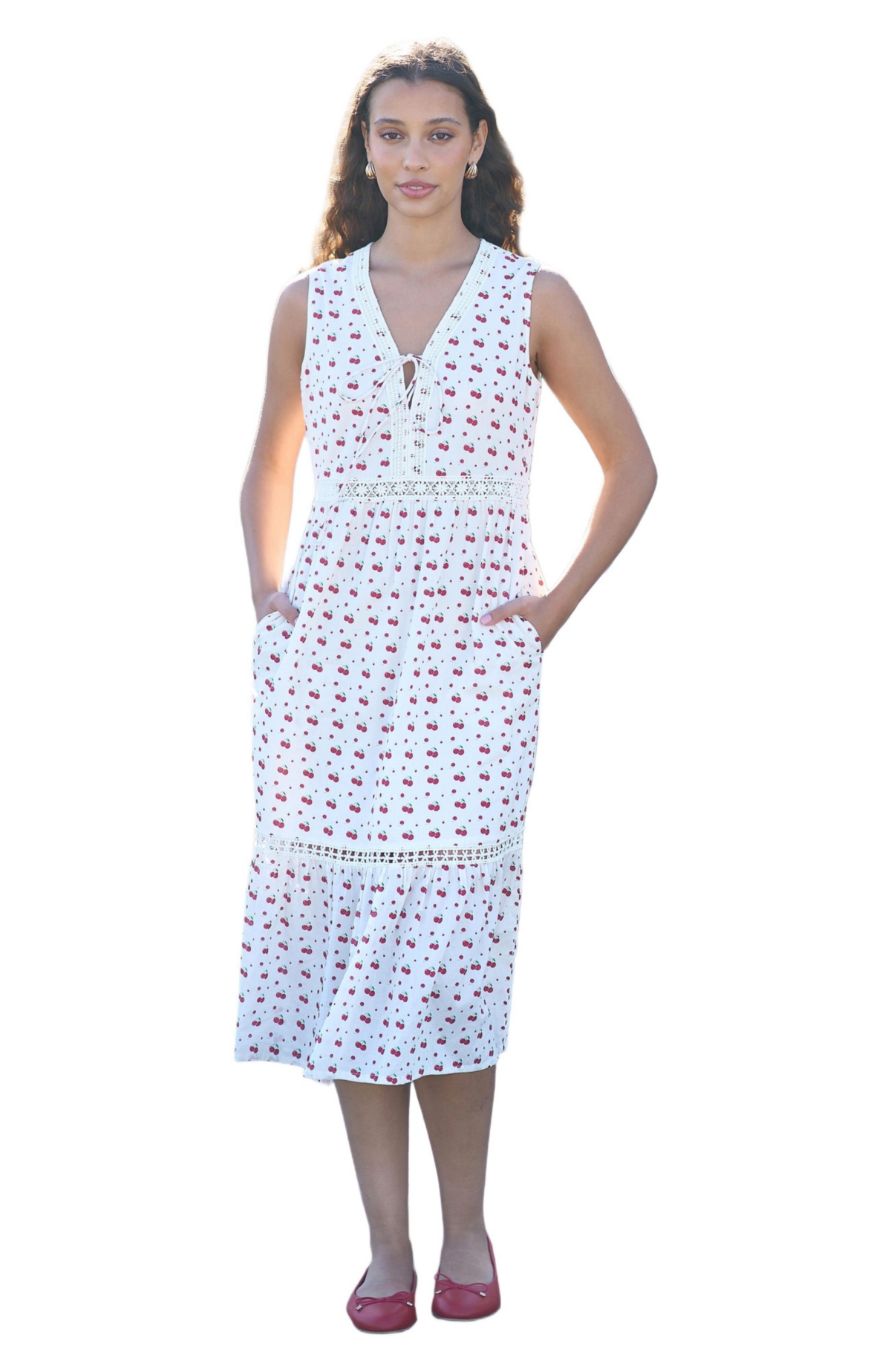 Yumi Women’s Cherry Print Lace Trim Cotton Midi Dress – White
