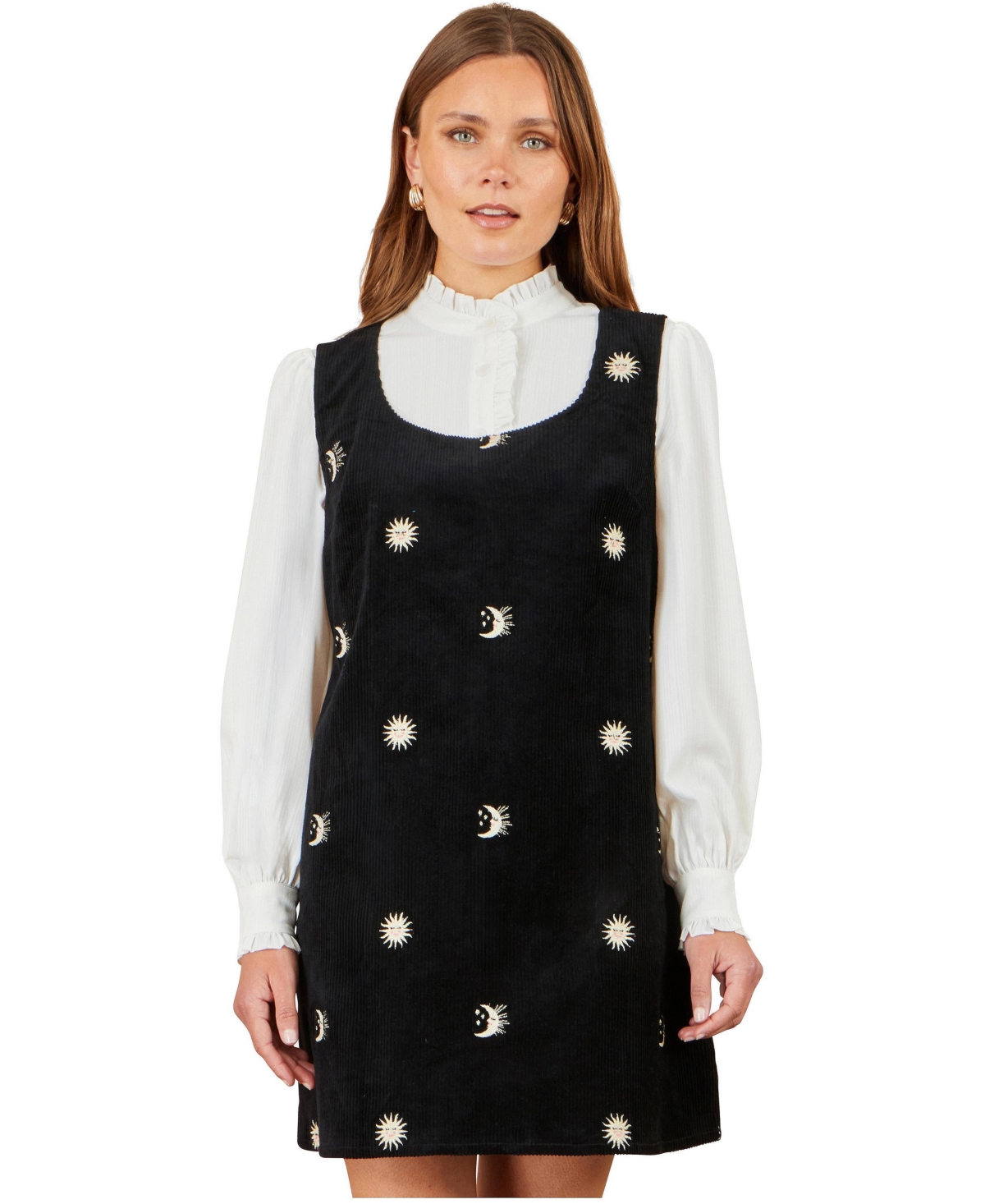 Yumi Women’s Cosmic Cord Celestial Sun and Moon Embroidery Sleeveless Pinafore Dress – Black Yumi Women’s Cosmic Cord Celestial Sun and Moon Embroidery Sleeveless Pinafore Dress – Black