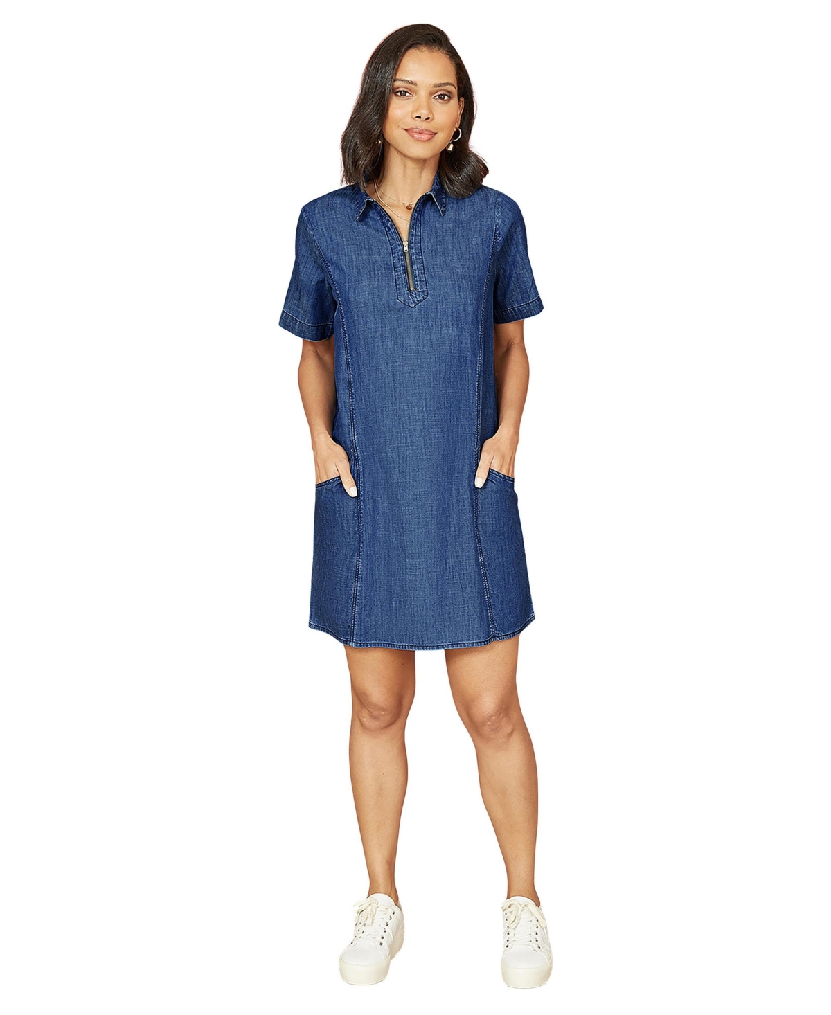 Yumi Women’s Cotton Chambray Zip Neckline Dress – Blue Yumi Women’s Cotton Chambray Zip Neckline Dress – Blue