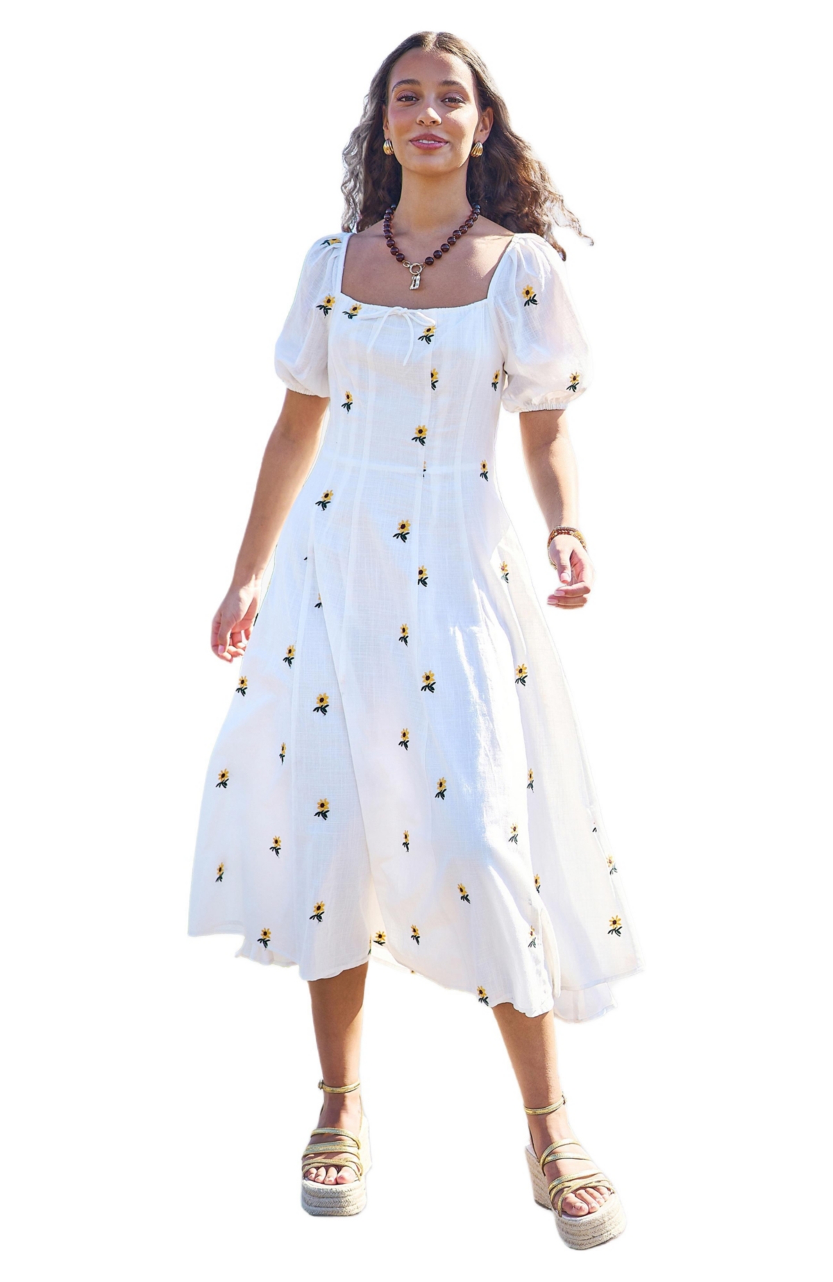 Yumi Women’s Cotton Sunflower Embroidered Midi Dress – White