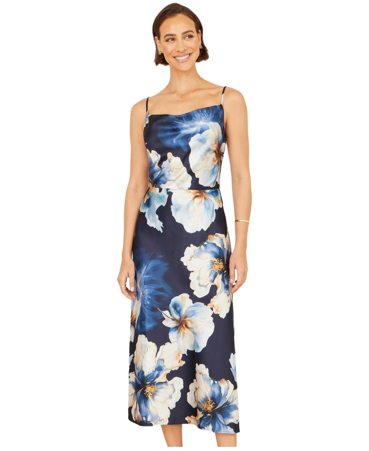 Yumi Women’s Cowl Neck Satin Floral Dress – Navy