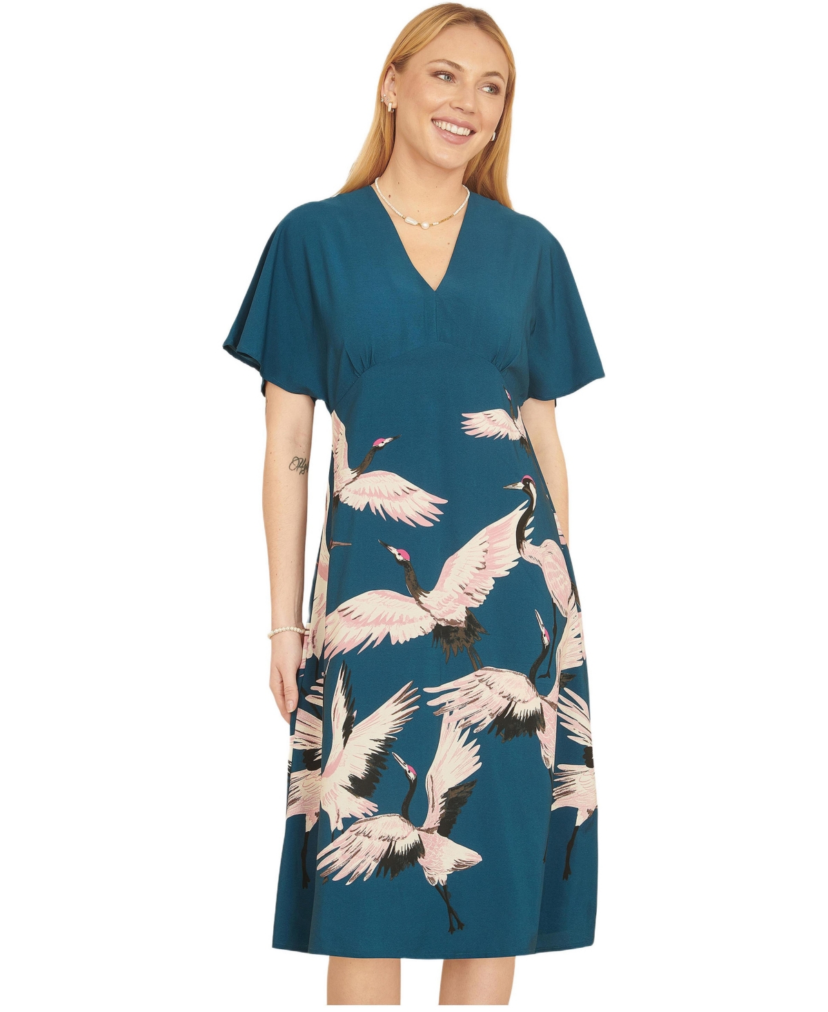 Yumi Women’s Crane Print Kimono Midi Dress – Teal Yumi Women’s Crane Print Kimono Midi Dress – Teal