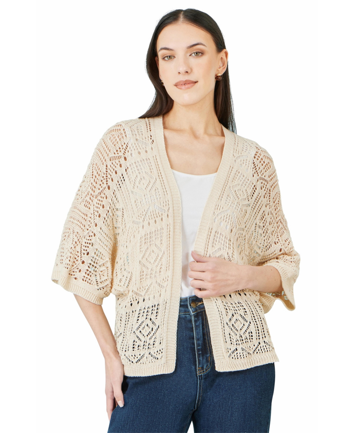 Yumi Women’s Crochet Edge To Edge Cardigan – Beige Yumi Women’s Crochet Edge To Edge Cardigan – Beige