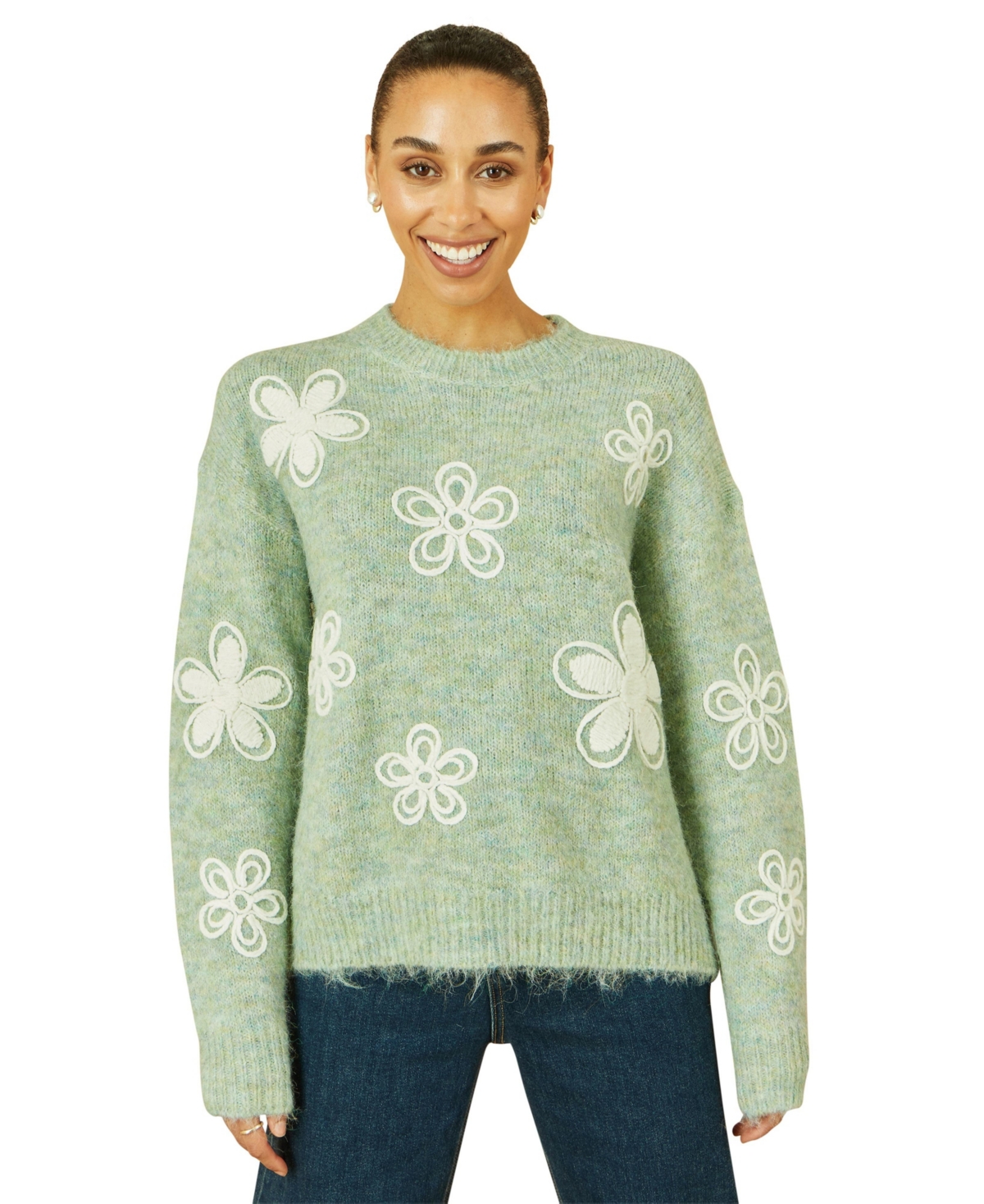 Yumi Women’s Crochet Flower Knit Sweater – Sea green Yumi Women’s Crochet Flower Knit Sweater – Sea green