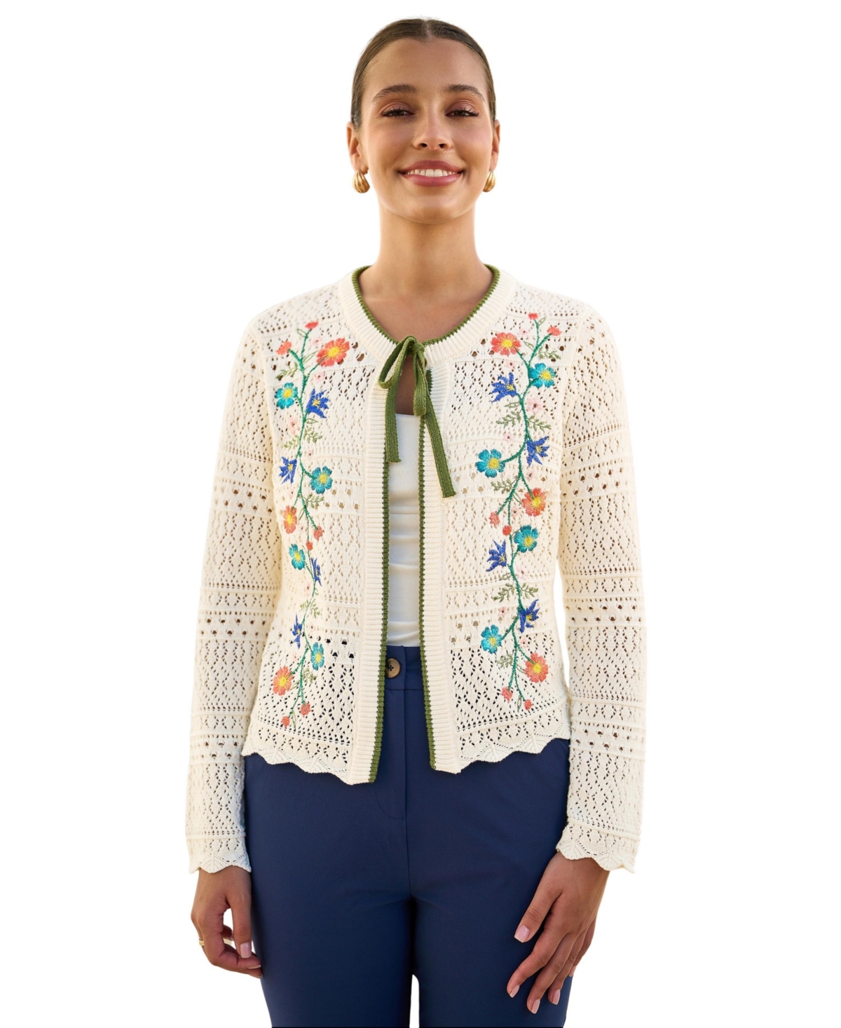 Yumi Women’s Crochet Knitted Tie Front Cardigan – Ivory