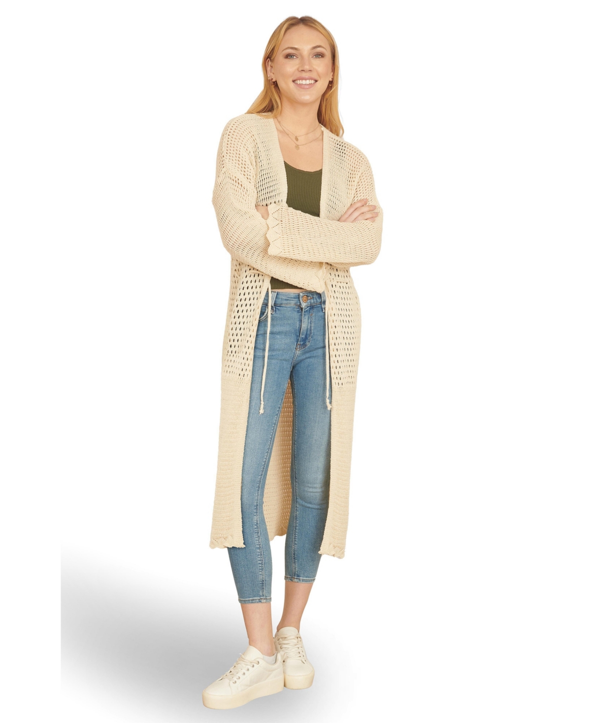 Yumi Women’s Crochet Long Line Cardigan – Beige Yumi Women’s Crochet Long Line Cardigan – Beige
