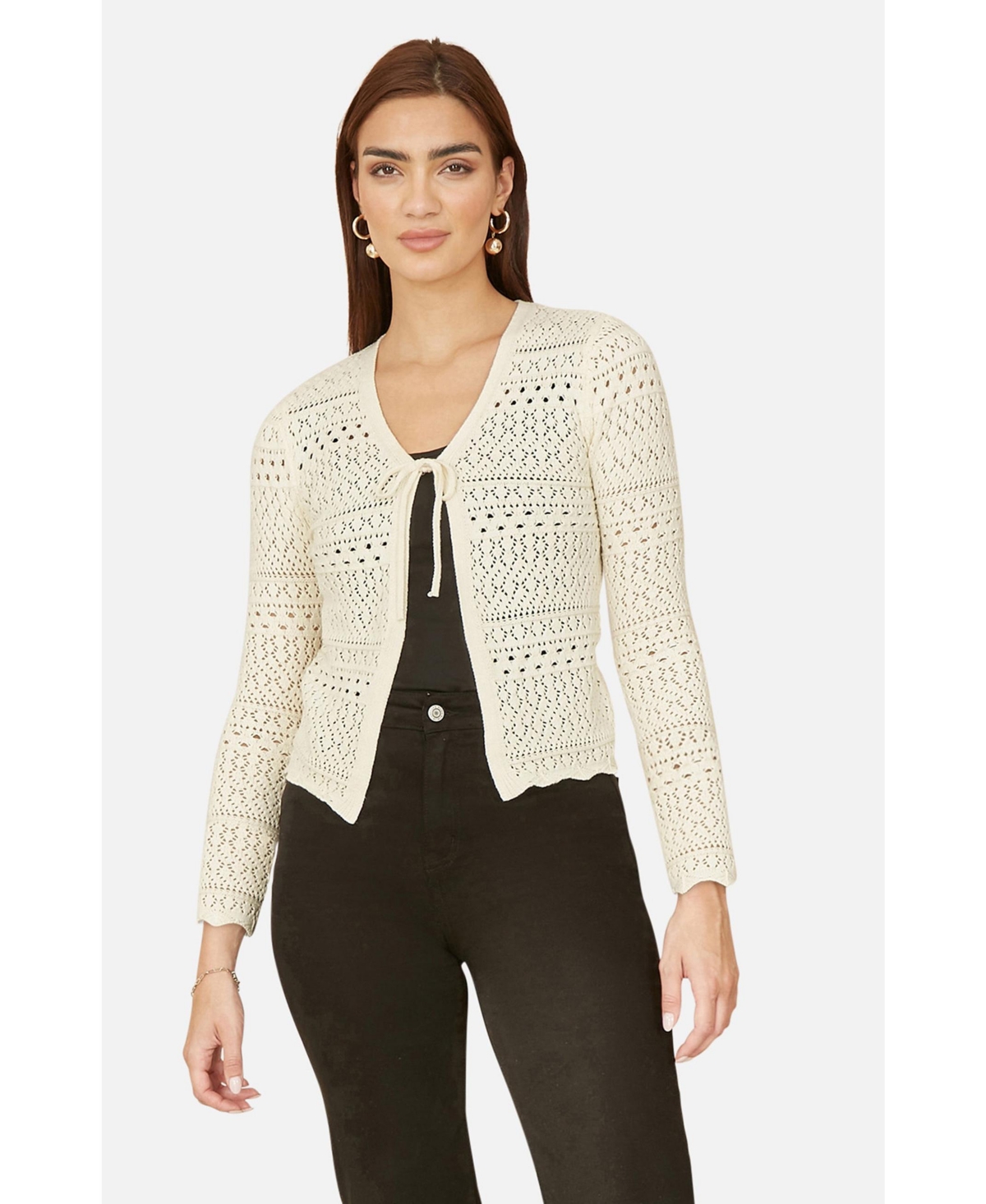 Yumi Women’s Crochet Tie Front Cardigan – Ivory