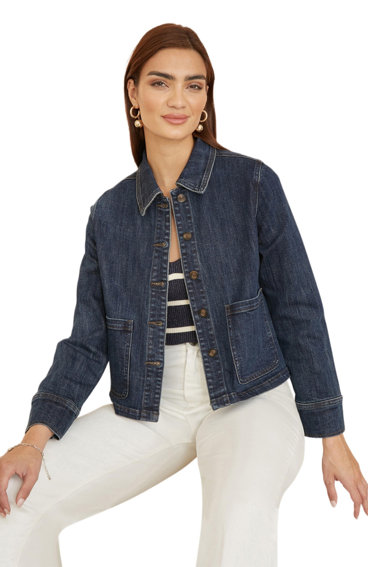 Yumi Women’s Denim Jacket With Patch Pockets – Blue