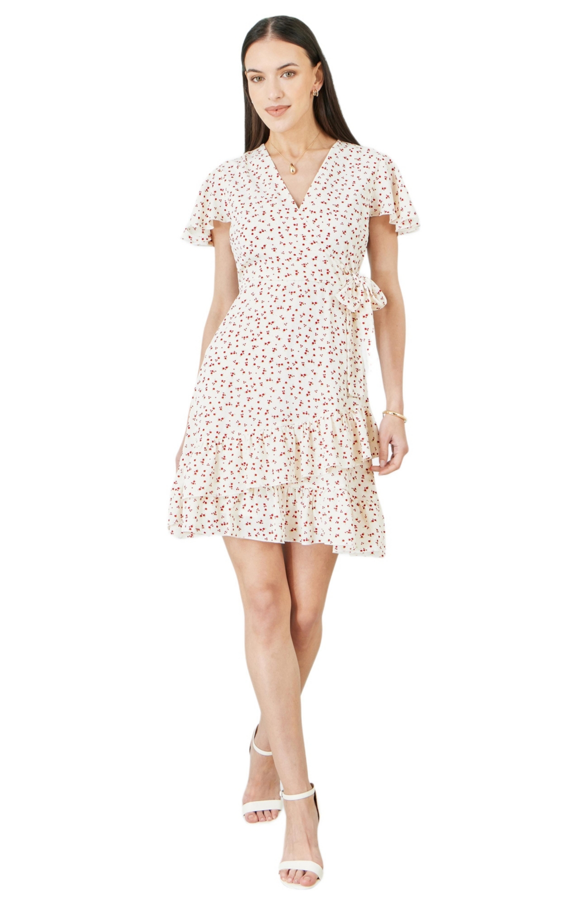 Yumi Women’s Ditsy Print Frill Wrap Dress – White Yumi Women’s Ditsy Print Frill Wrap Dress – White