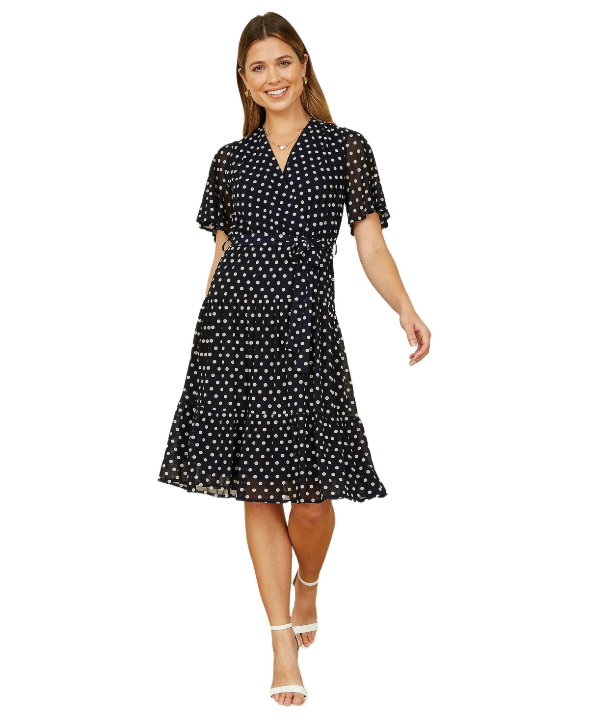 Yumi Women’s Dot Print Mesh Stretch Midi Skater Dress – Black