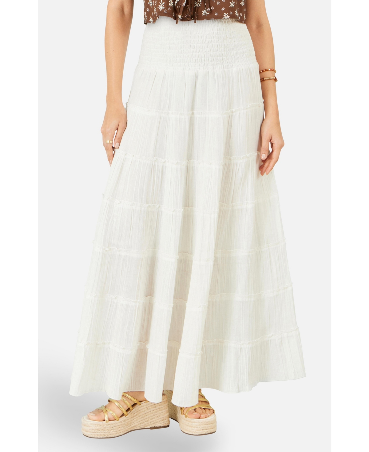 Yumi Women’s Double Cotton Tiered Boho Maxi Skirt – White Yumi Women’s Double Cotton Tiered Boho Maxi Skirt – White