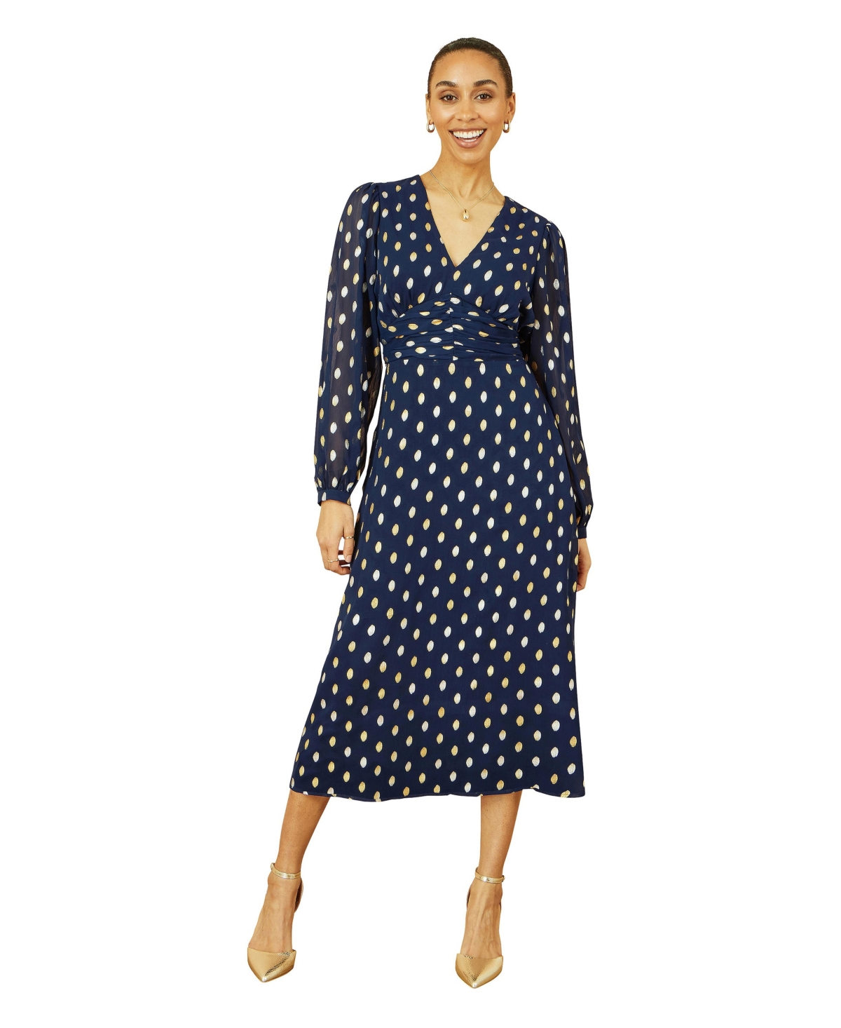 Yumi Women’s Elegant Foil Print Midi Dress – Navy Yumi Women’s Elegant Foil Print Midi Dress – Navy