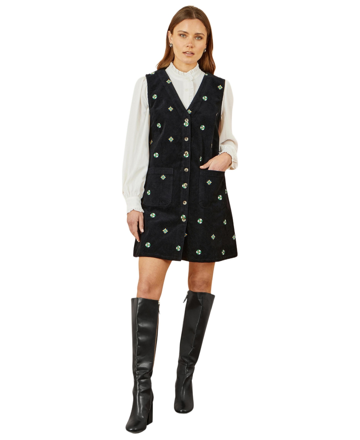 Yumi Women’s Embroidered Button Up Pinafore Dress – Black Yumi Women’s Embroidered Button Up Pinafore Dress – Black