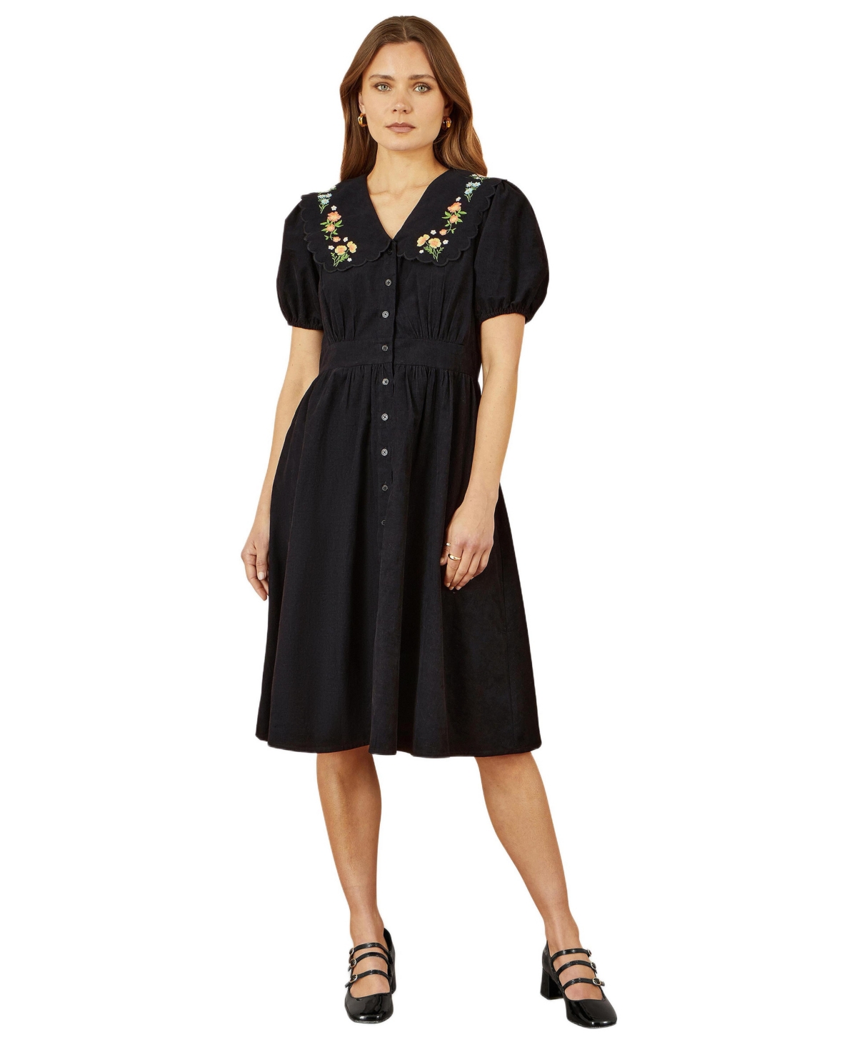 Yumi Women’s Embroidered Collar Cord Tea Dress – Black Yumi Women’s Embroidered Collar Cord Tea Dress – Black