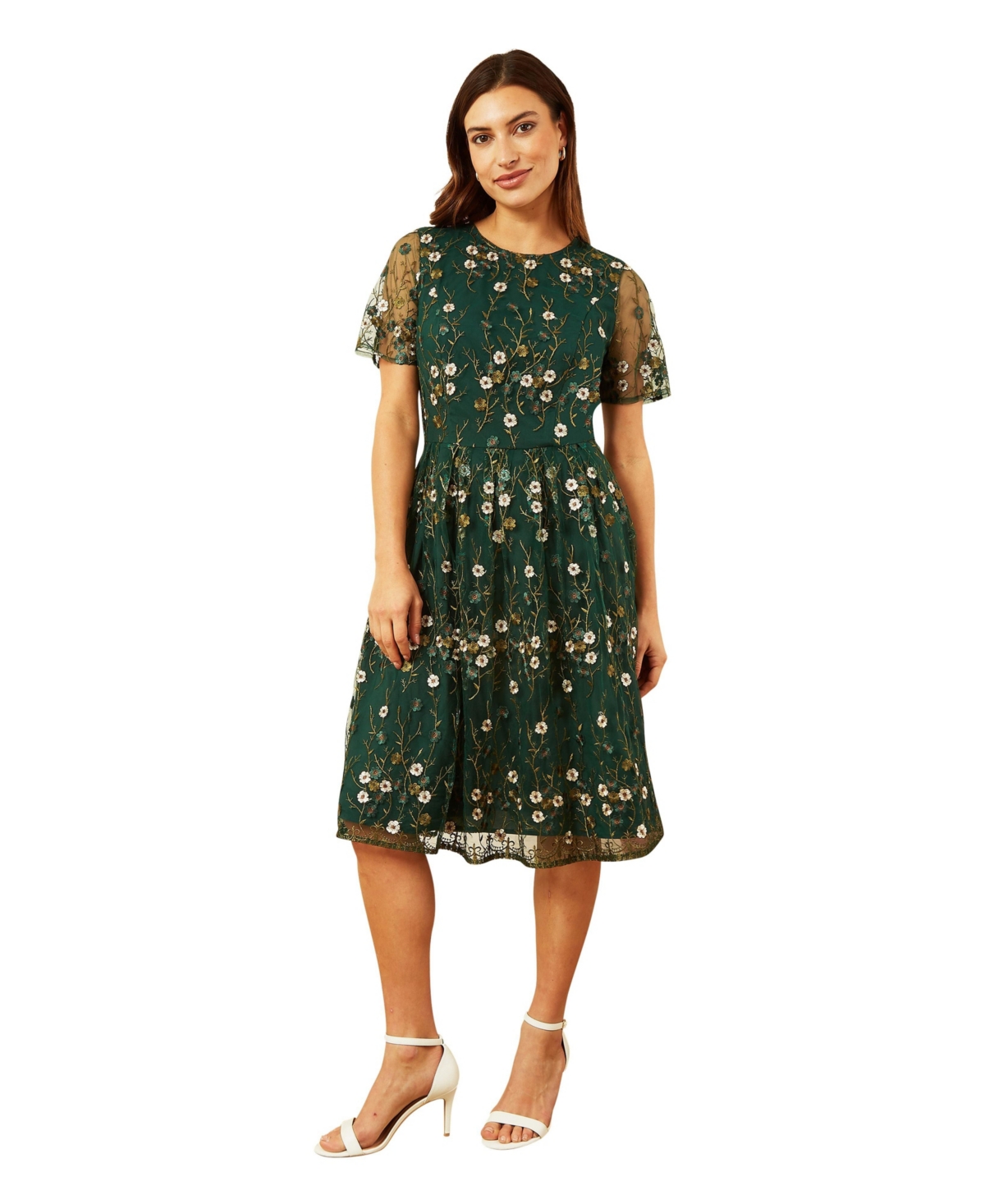 Yumi Women’s Embroidered Floral Skater Dress – Emerald green Yumi Women’s Embroidered Floral Skater Dress – Emerald green