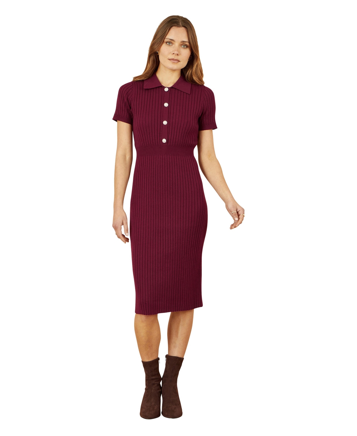 Yumi Women’s Fitted Rib Knitted Midi Dress – Burgundy Yumi Women’s Fitted Rib Knitted Midi Dress – Burgundy