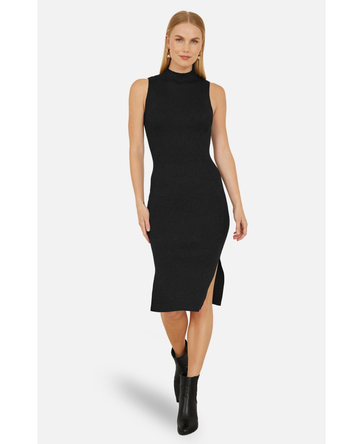 Yumi Women’s Fitted Side-Slit High-Neck Midi Dress – Black Yumi Women’s Fitted Side-Slit High-Neck Midi Dress – Black