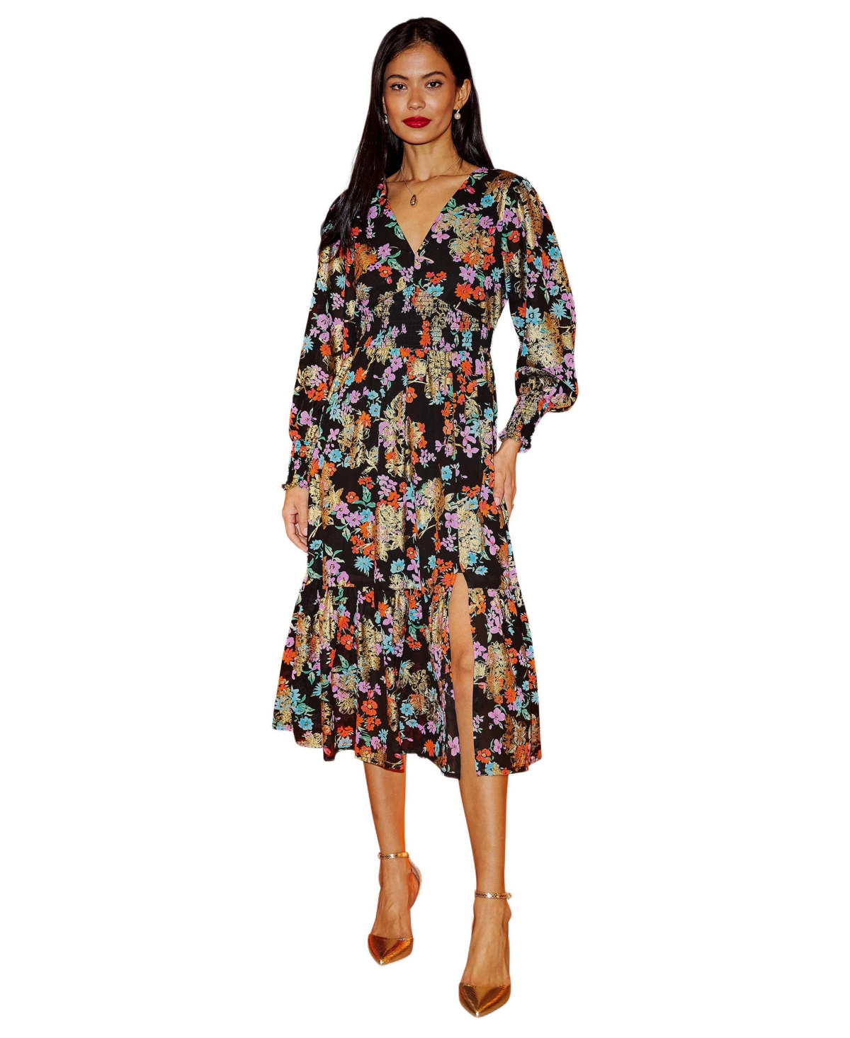 Yumi Women’s Floral And Foil Ruched Midi Dress – Black