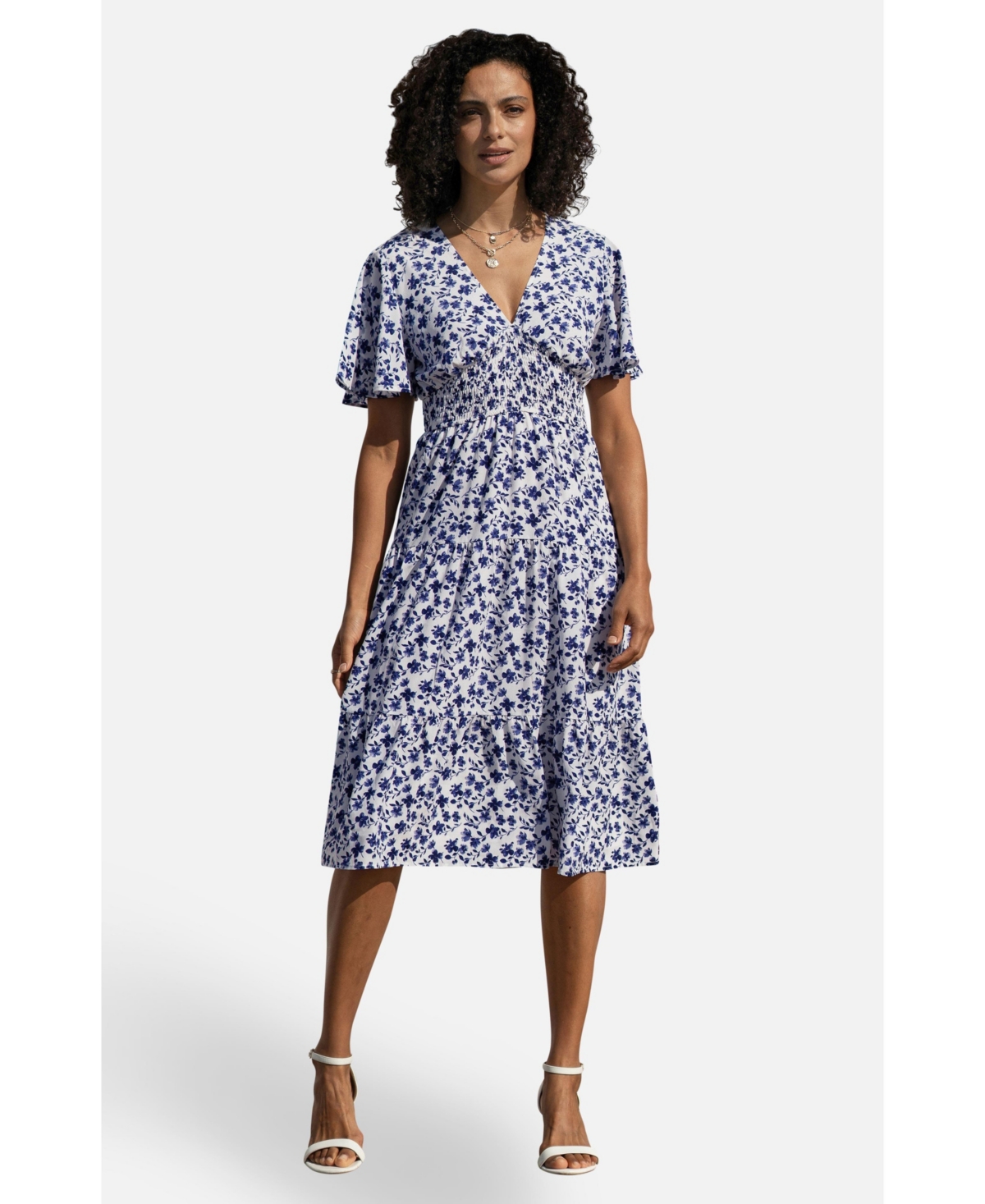 Yumi Women’s Floral Angel Sleeve Midi Dress – White/Blue Yumi Women’s Floral Angel Sleeve Midi Dress – White/Blue