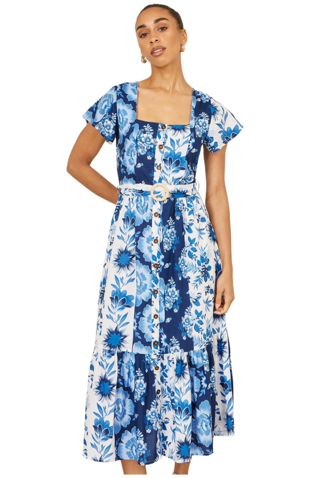 Yumi Women’s Floral Belted Midi Dress – Blue Yumi Women’s Floral Belted Midi Dress – Blue
