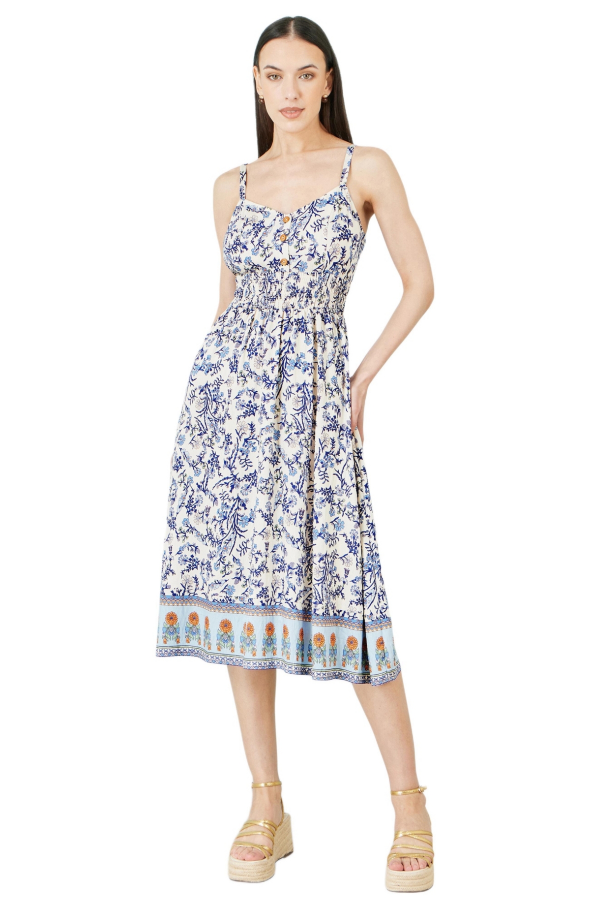 Yumi Women’s Floral Border Print Midi Sun Dress – White Yumi Women’s Floral Border Print Midi Sun Dress – White