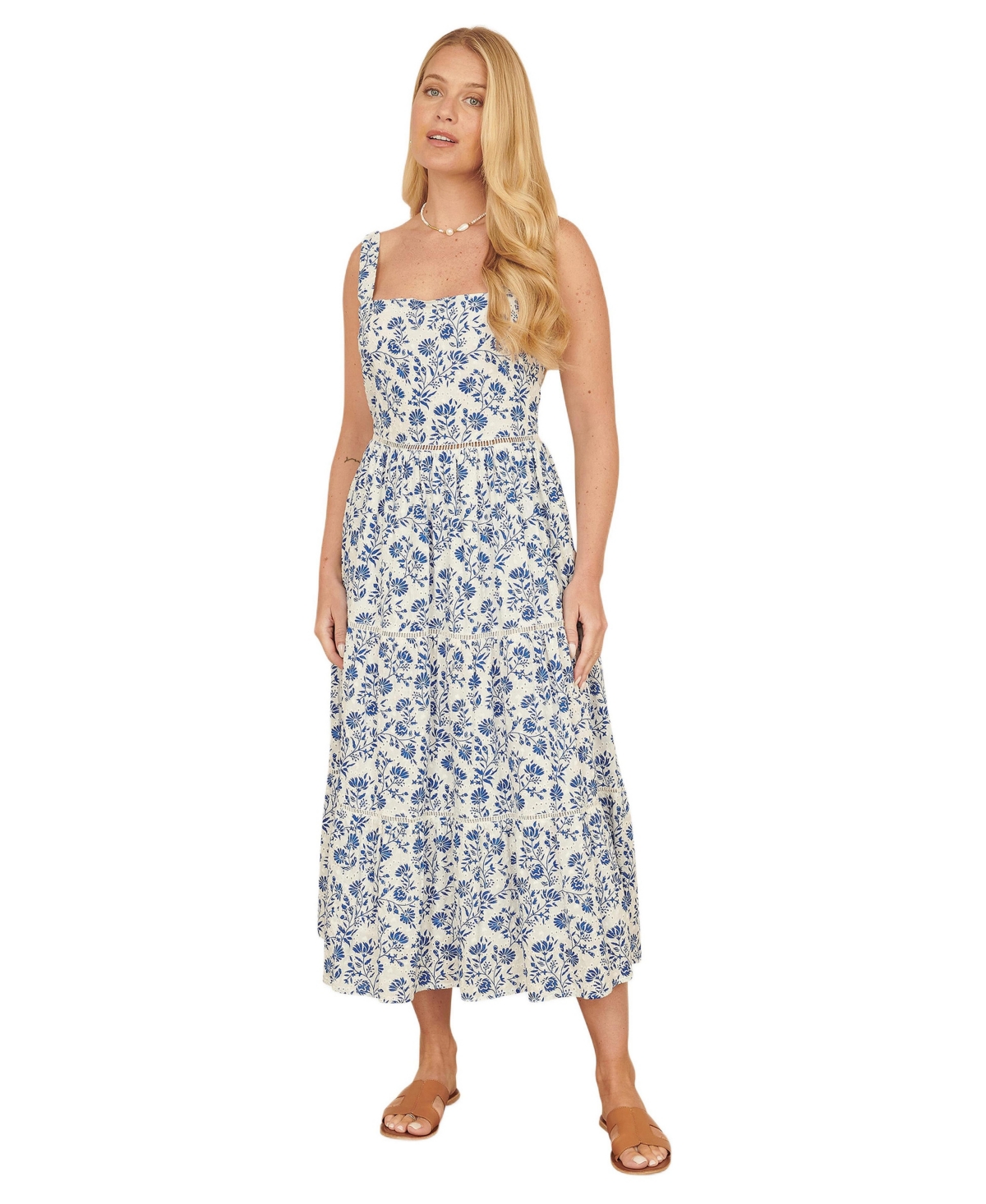 Yumi Women’s Floral Broderie Anglaise Midi Sun Dress – Blue Yumi Women’s Floral Broderie Anglaise Midi Sun Dress – Blue