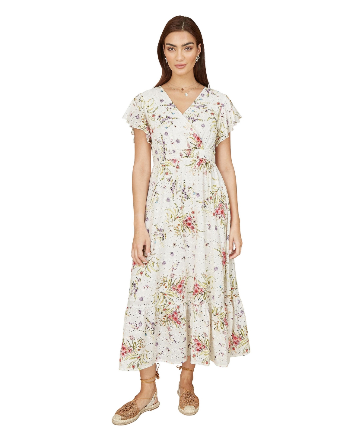 Yumi Women’s Floral Broderie Anglaise Wrap Midi Dress – Ivory