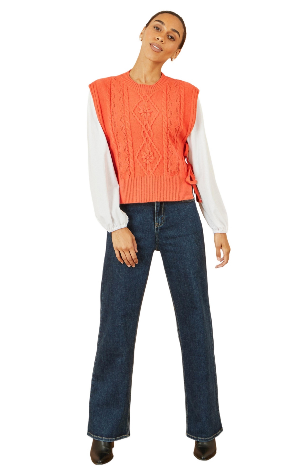 Yumi Women’s Floral Cable Knit Side Tie Pullover – Orange Yumi Women’s Floral Cable Knit Side Tie Pullover – Orange
