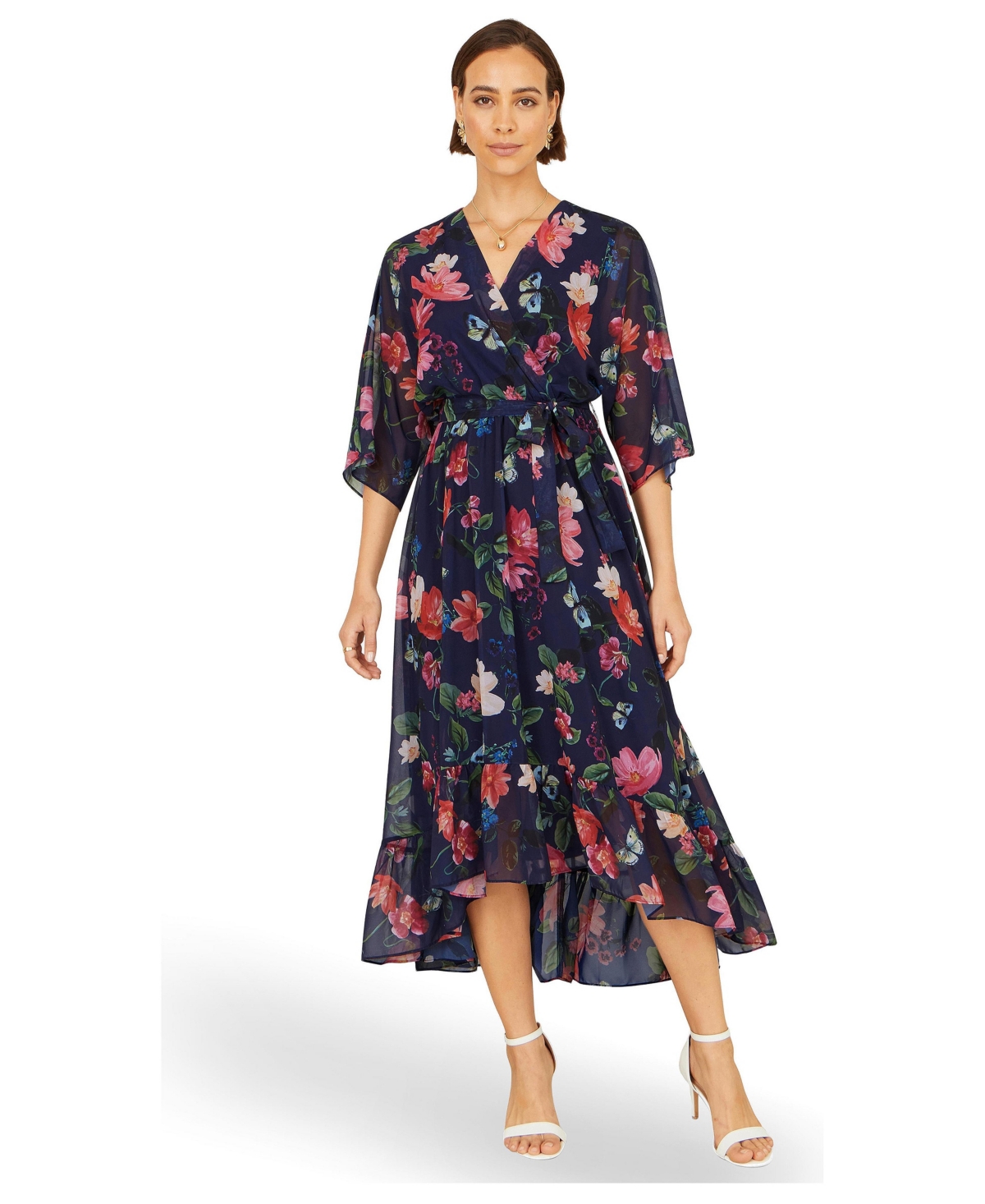 Yumi Women’s Floral Dip Hem Kimono Wrap Dress – Navy