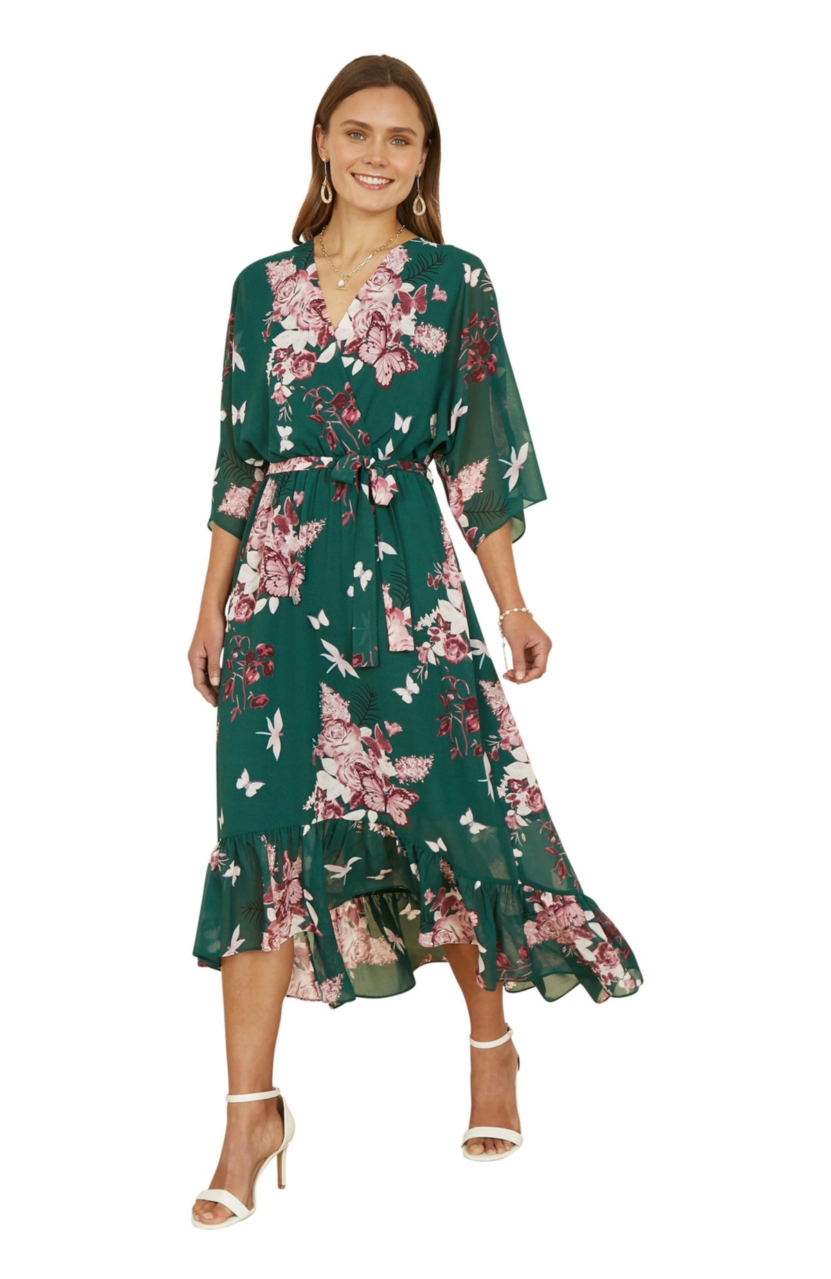 Yumi Women’s Floral Dipped Hem Dress – Green Yumi Women’s Floral Dipped Hem Dress – Green
