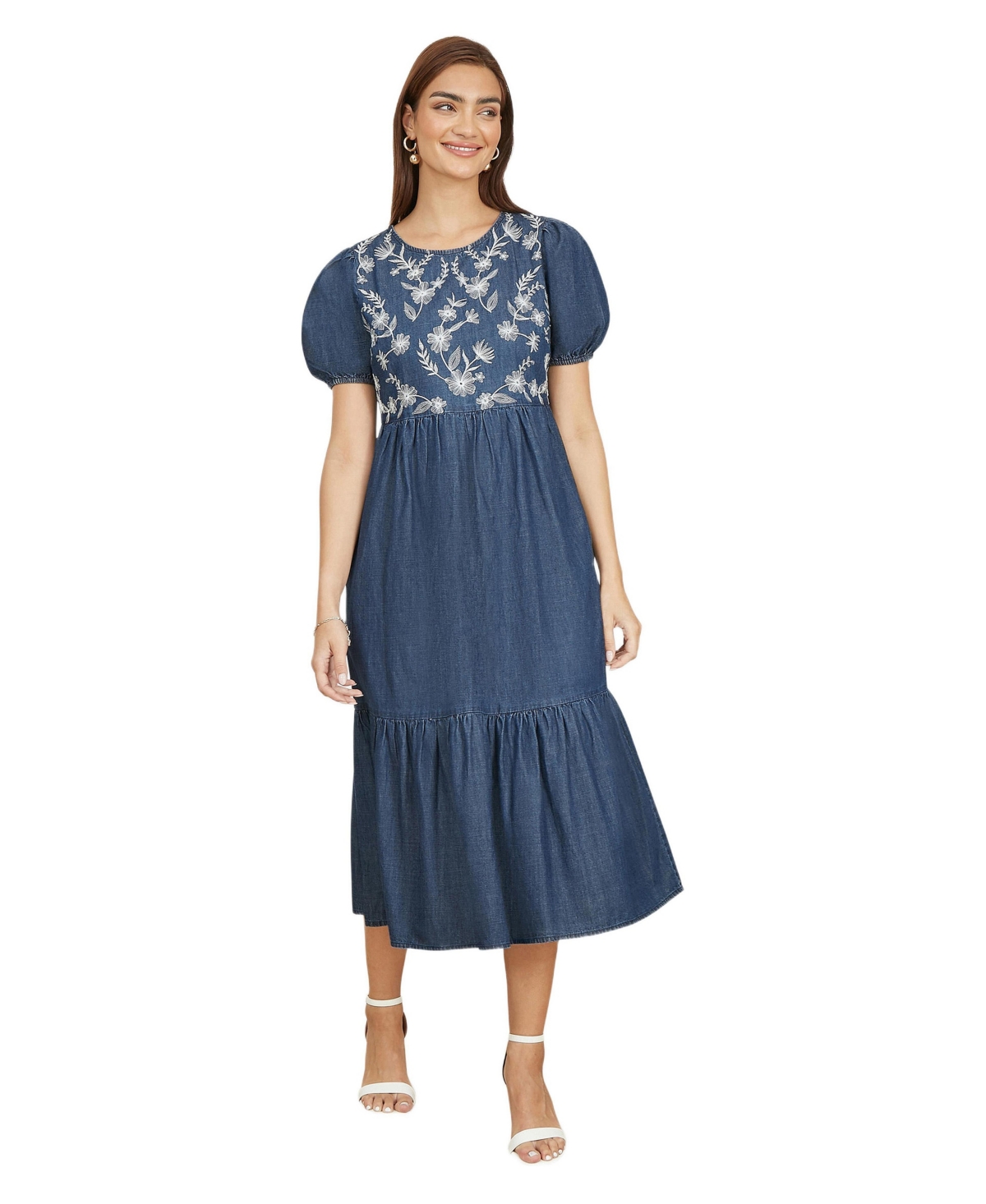 Yumi Women’s Floral Embroidered Puff Sleeve Dress – Blue