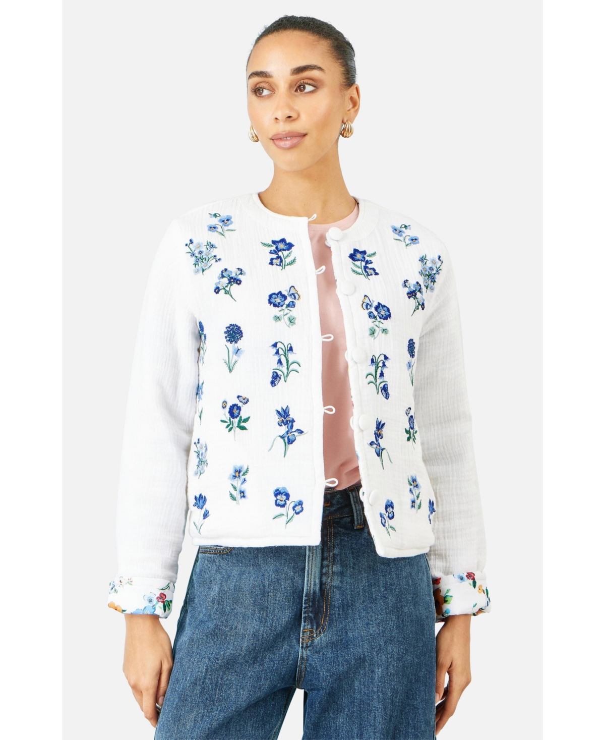 Yumi Women’s Floral Embroidery Cotton Jacket – White