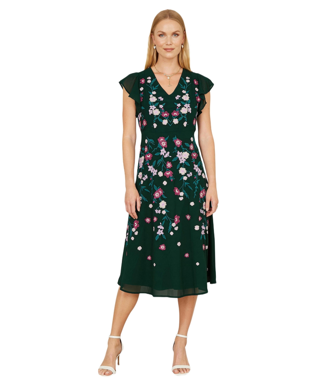 Yumi Women’s Floral Embroidery Midi Skater Dress – Green Yumi Women’s Floral Embroidery Midi Skater Dress – Green
