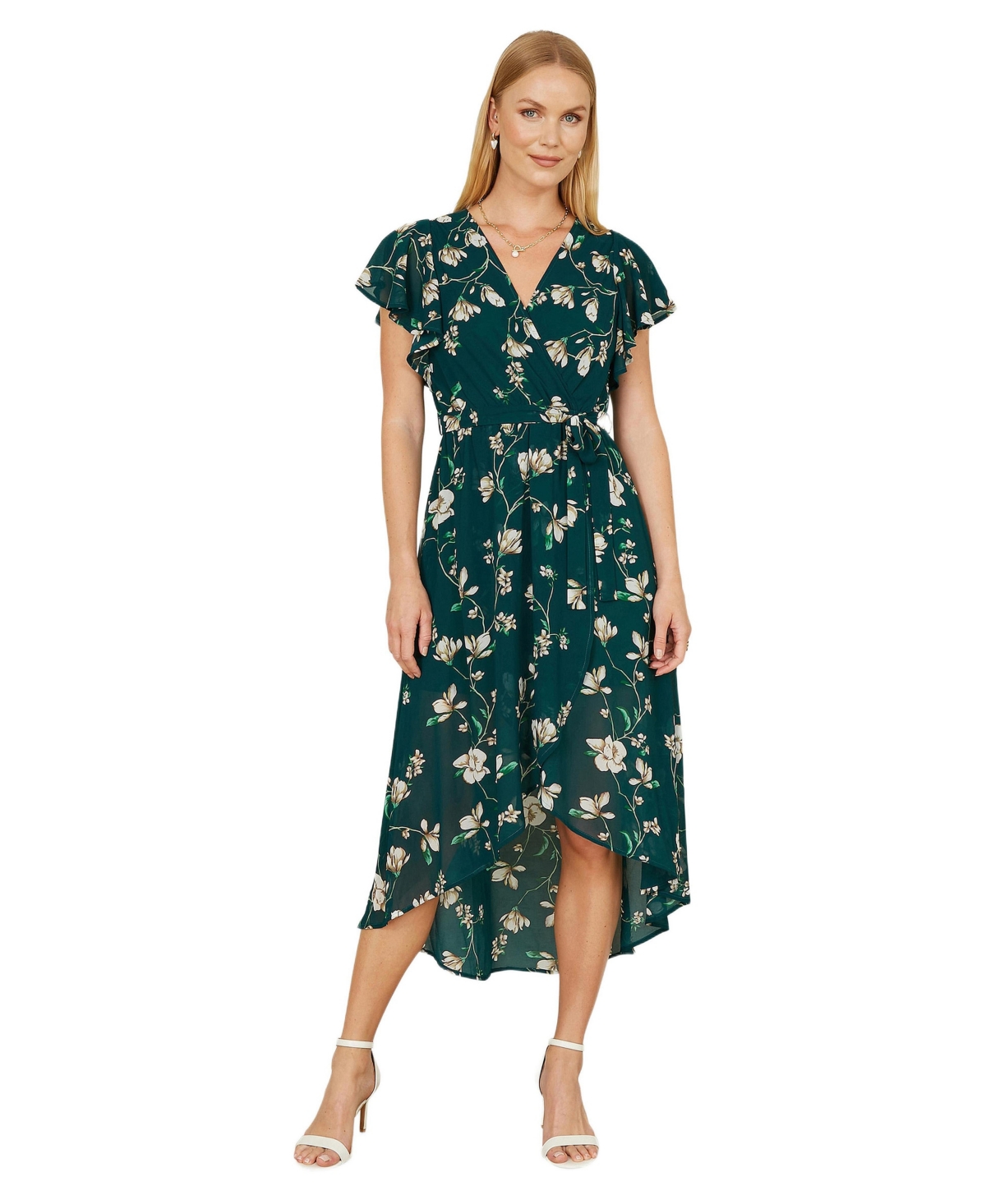 Yumi Women’s Floral Frill Hem Wrap Midi Dress – Green