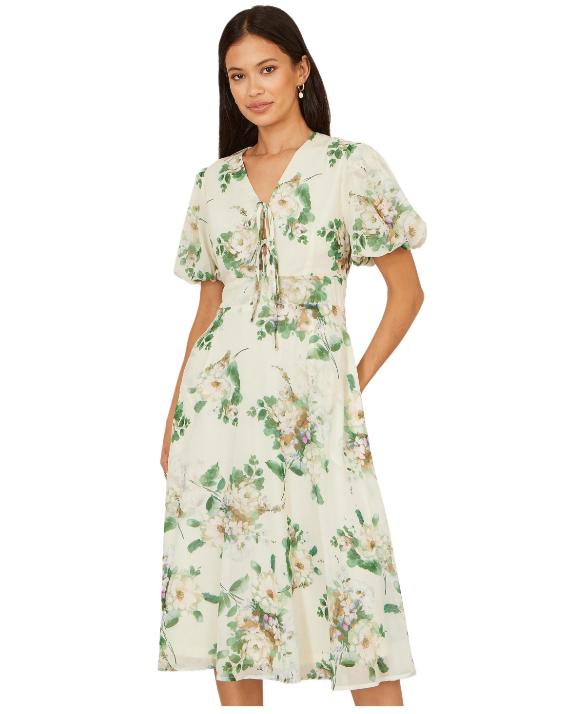 Yumi Women’s Floral Front Tie Detail Tea Dress – Ivory Yumi Women’s Floral Front Tie Detail Tea Dress – Ivory