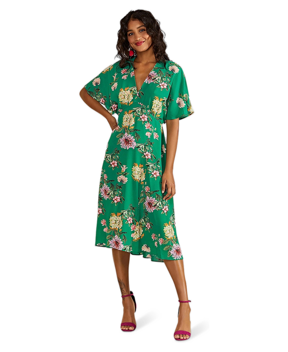 Yumi Women’s Floral Kimono Midi Dress – Green